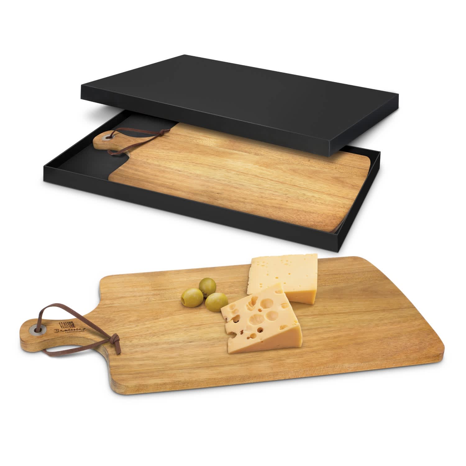 A wooden serving board with a handle, displaying cheese and olives, presented in a black box. Villa Serving Board - Image 1