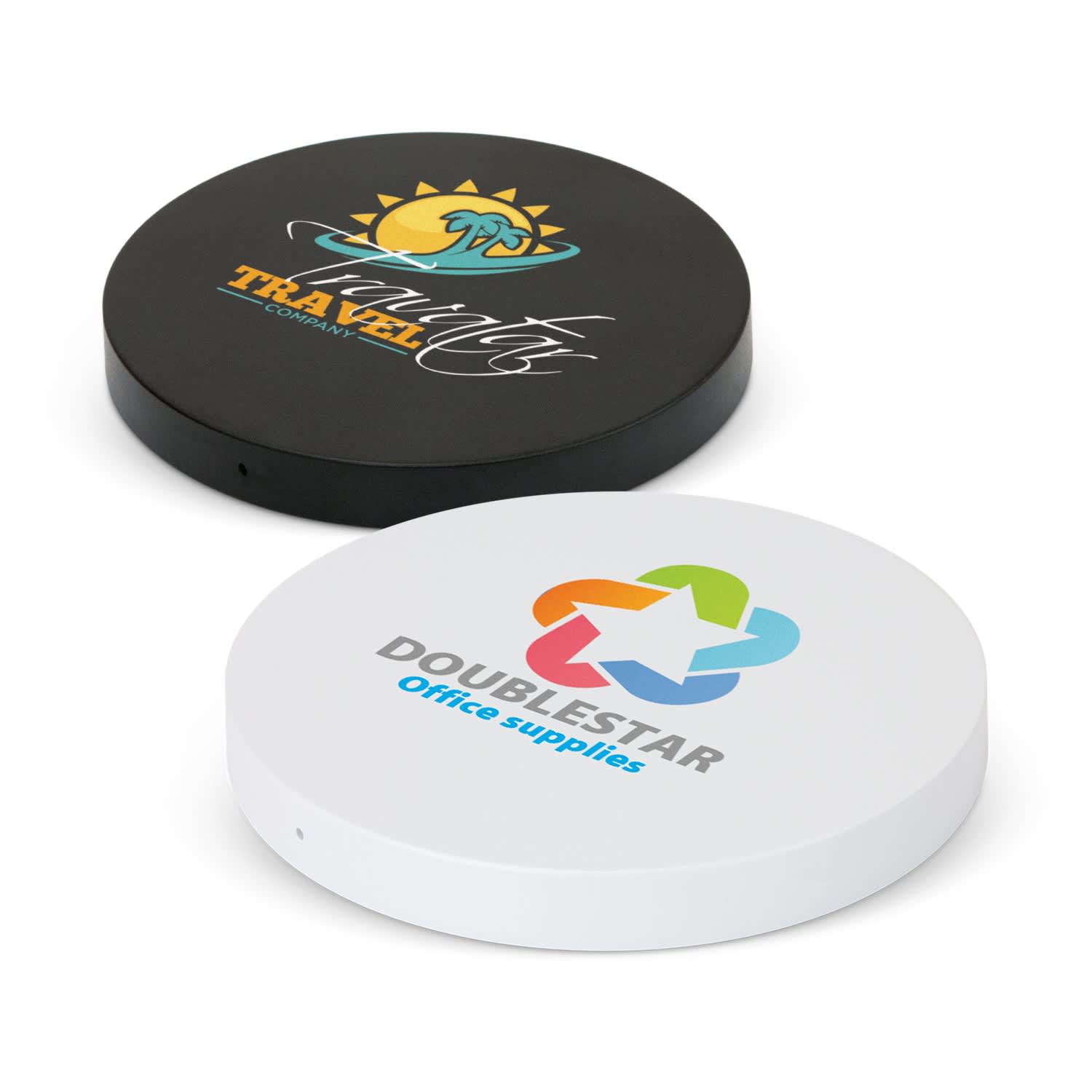 A round wireless charger in black and white, featuring two printed logos on the surface. Vector Wireless Charger - Round - Image 1