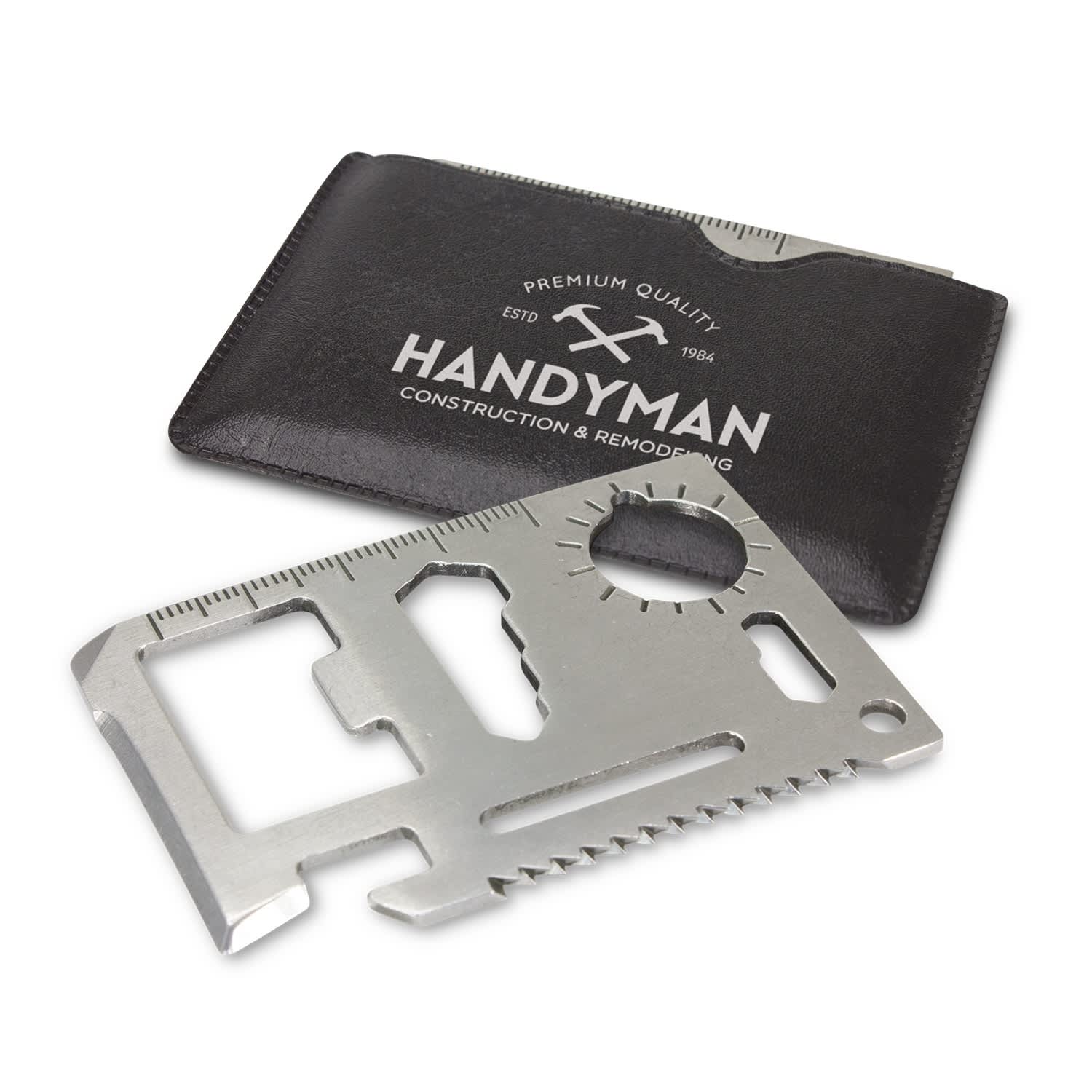 A metallic multi-tool card featuring various tools, placed next to a black cardholder with a logo. Multi-Tool Card - Image 1