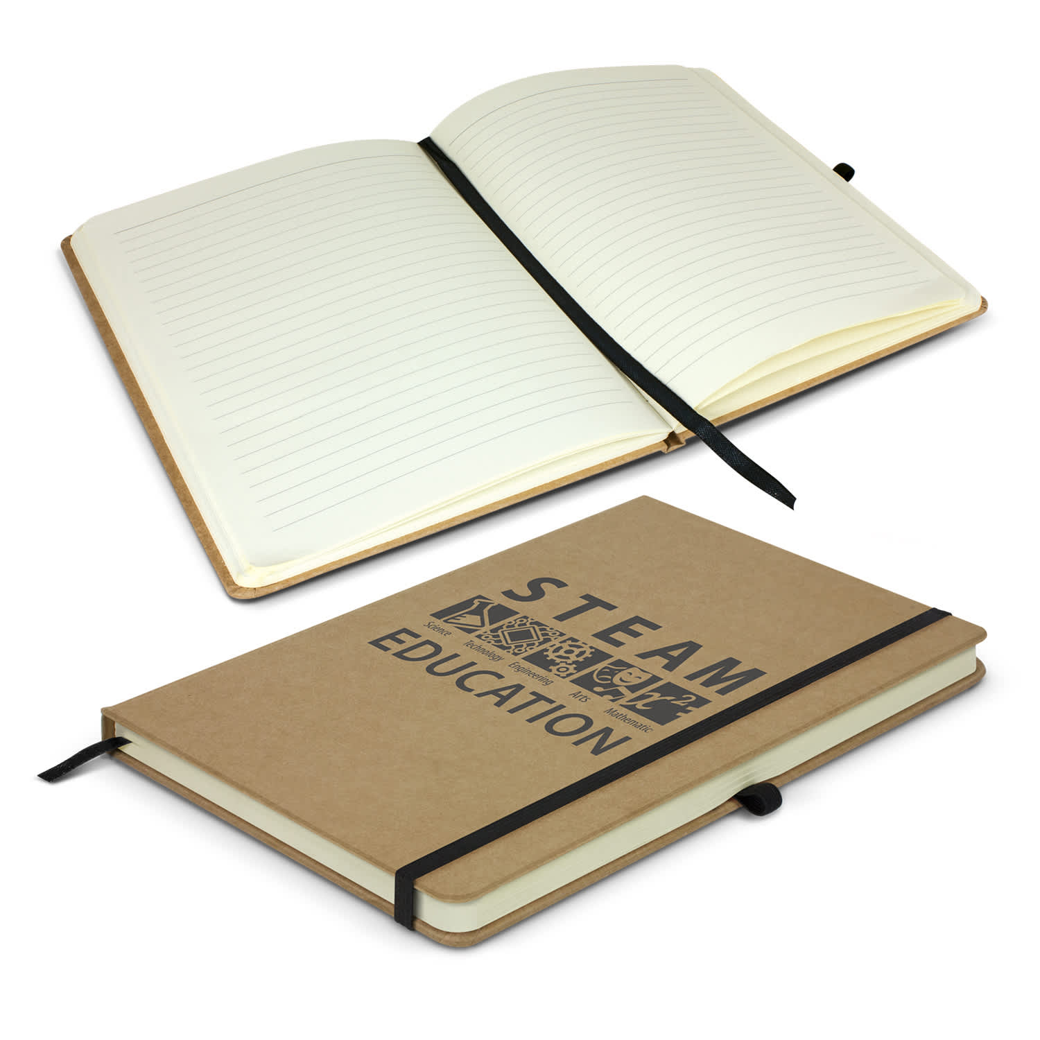 A brown notebook with lined pages and an elastic closure, featuring a logo on the cover. Sienna Notebook - Image 1