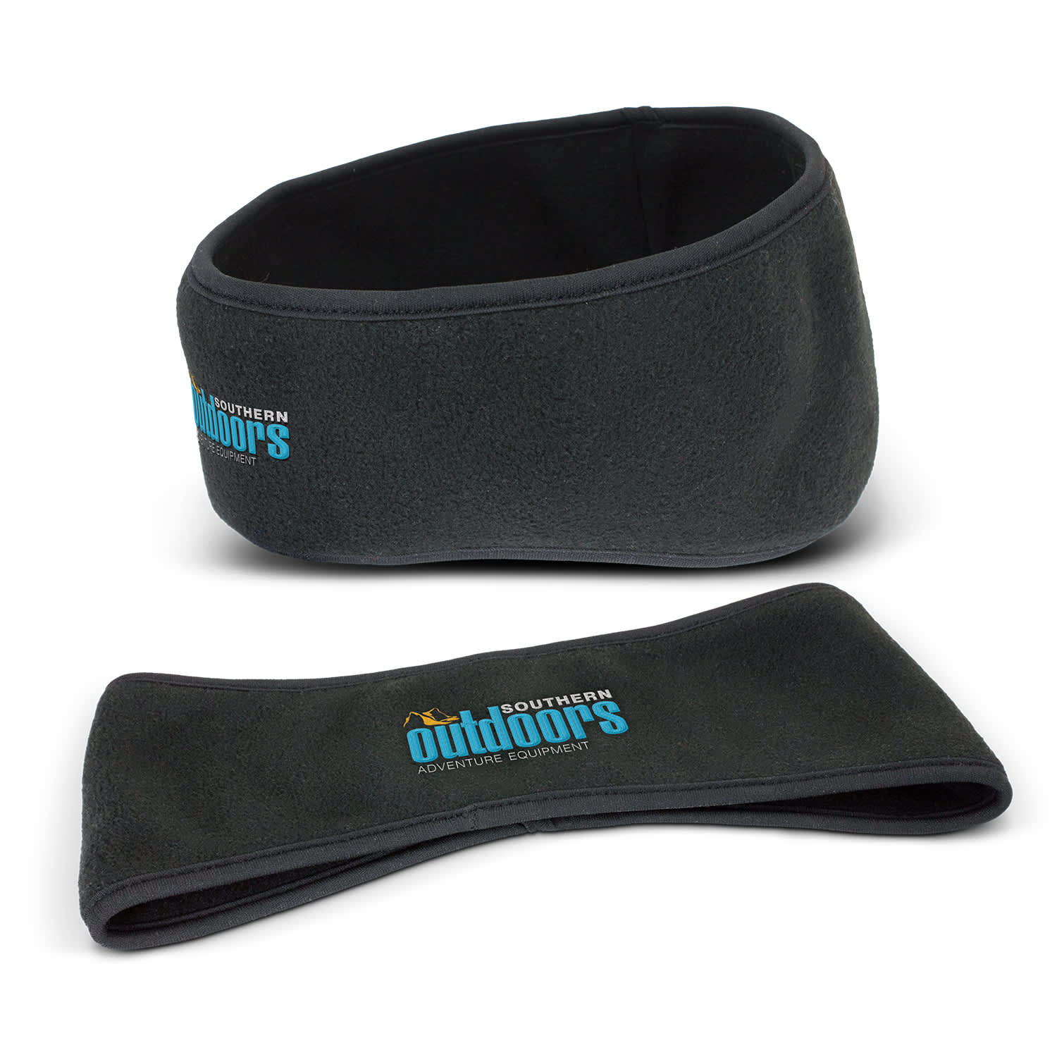 A dark grey ear warmer made of fleece, featuring a logo on the front. Two pieces are displayed. Seattle Ear Warmer - Image 1