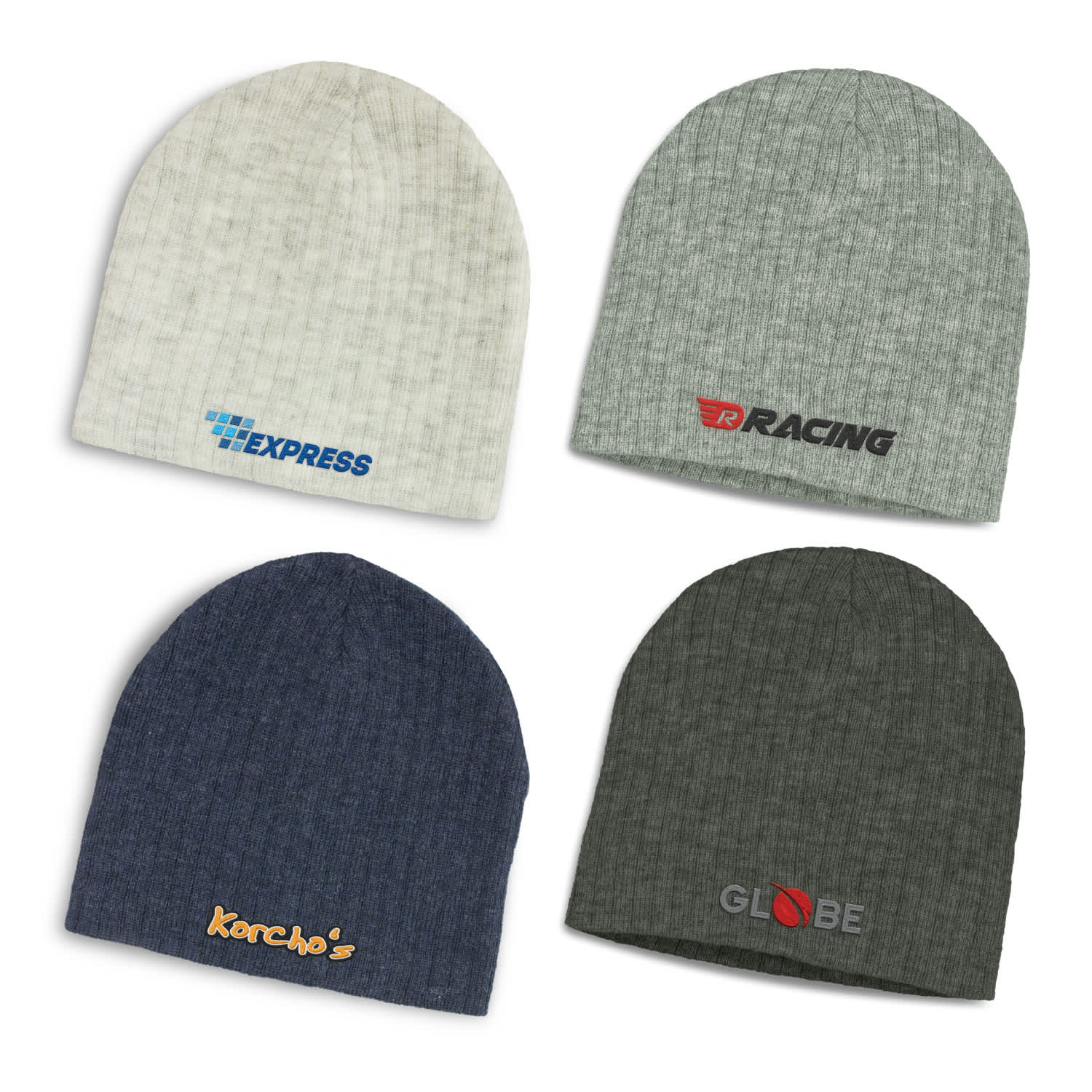 Four cable knit beanies in cream, grey, navy, and dark green, each featuring a branding logo. Nebraska Heather Cable Knit Beanie - Image 1