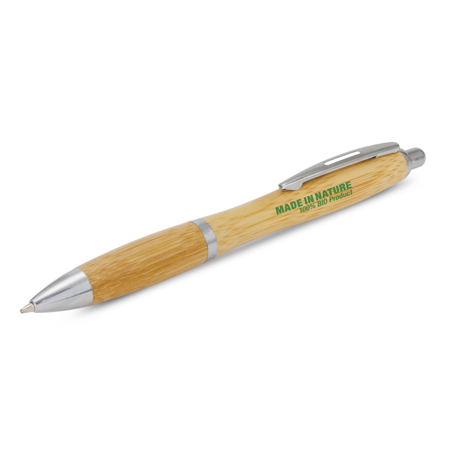 A bamboo pen with silver accents, featuring a logo on the barrel. Vistro Bamboo Pen - Image 1