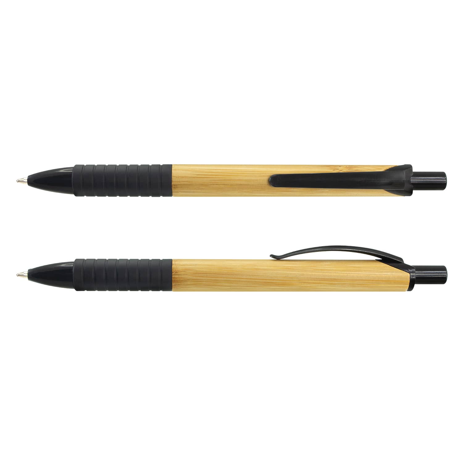A bamboo pen with a black grip and trim, featuring a clip and a branding logo. Habitat Pen - Image 1