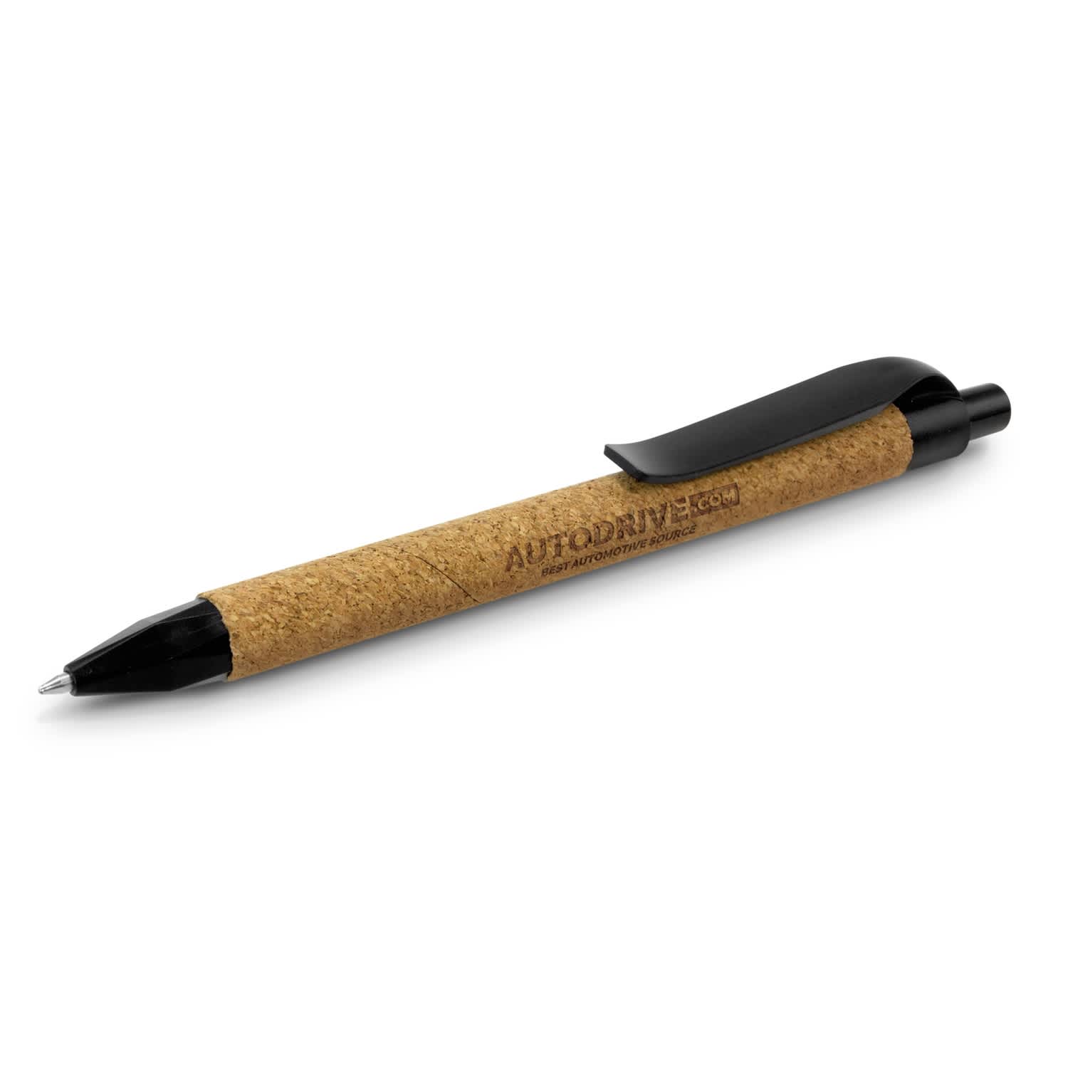 A plastic pen with a cork barrel and black accents, featuring a clip and branding. Inca Pen - Image 1