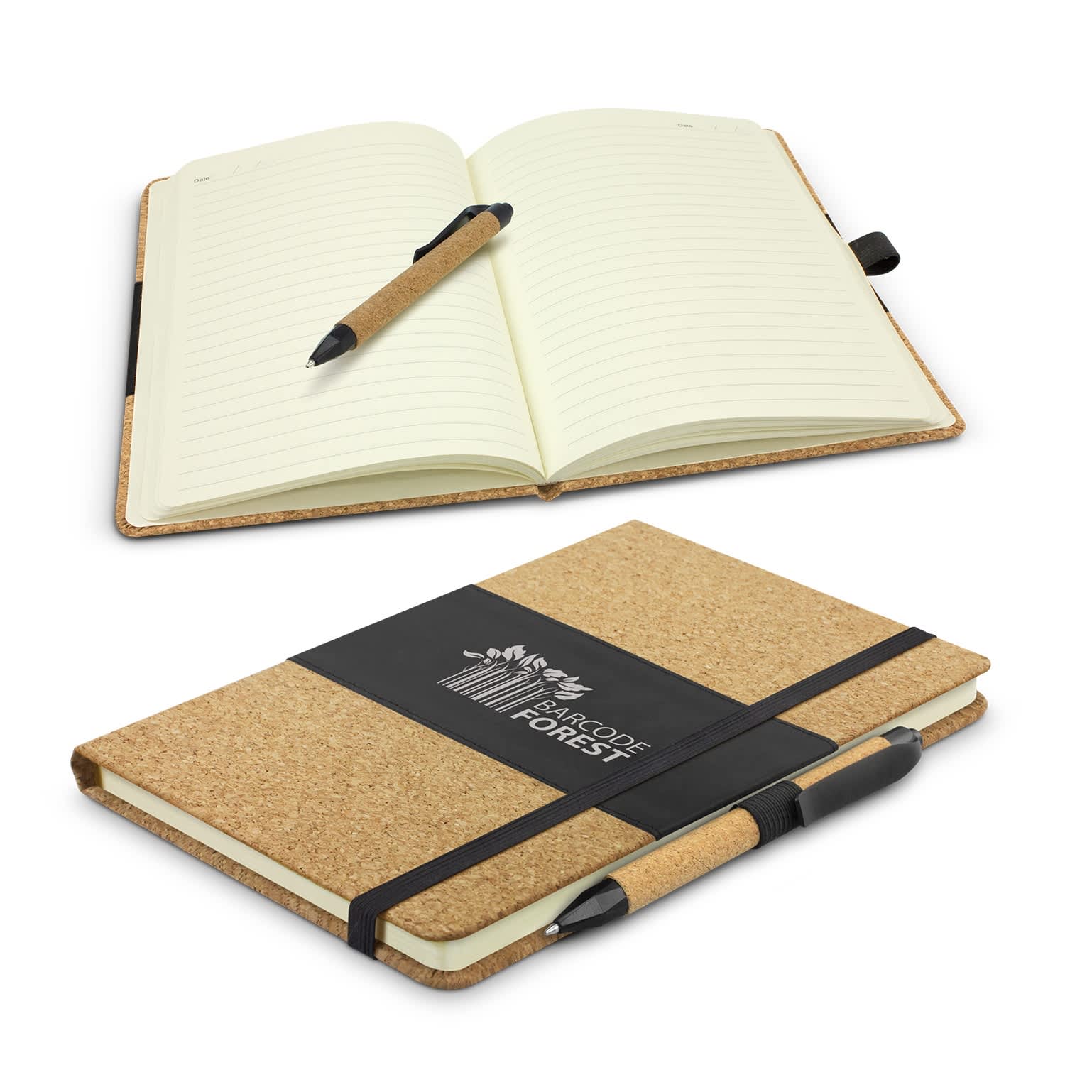 A cork-covered notebook with a pen, featuring a black band and an elastic closure, opened to show lined pages. Inca Notebook with Pen - Image 1