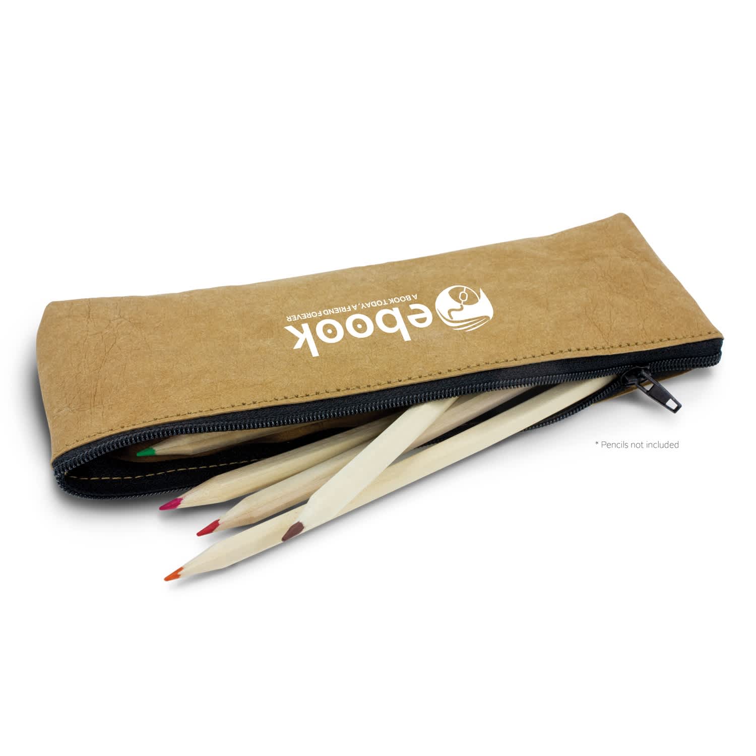 A brown pencil case with a zip, partially open, revealing unsharpened coloured pencils inside. It features a logo. Panther Pencil Case - Image 1
