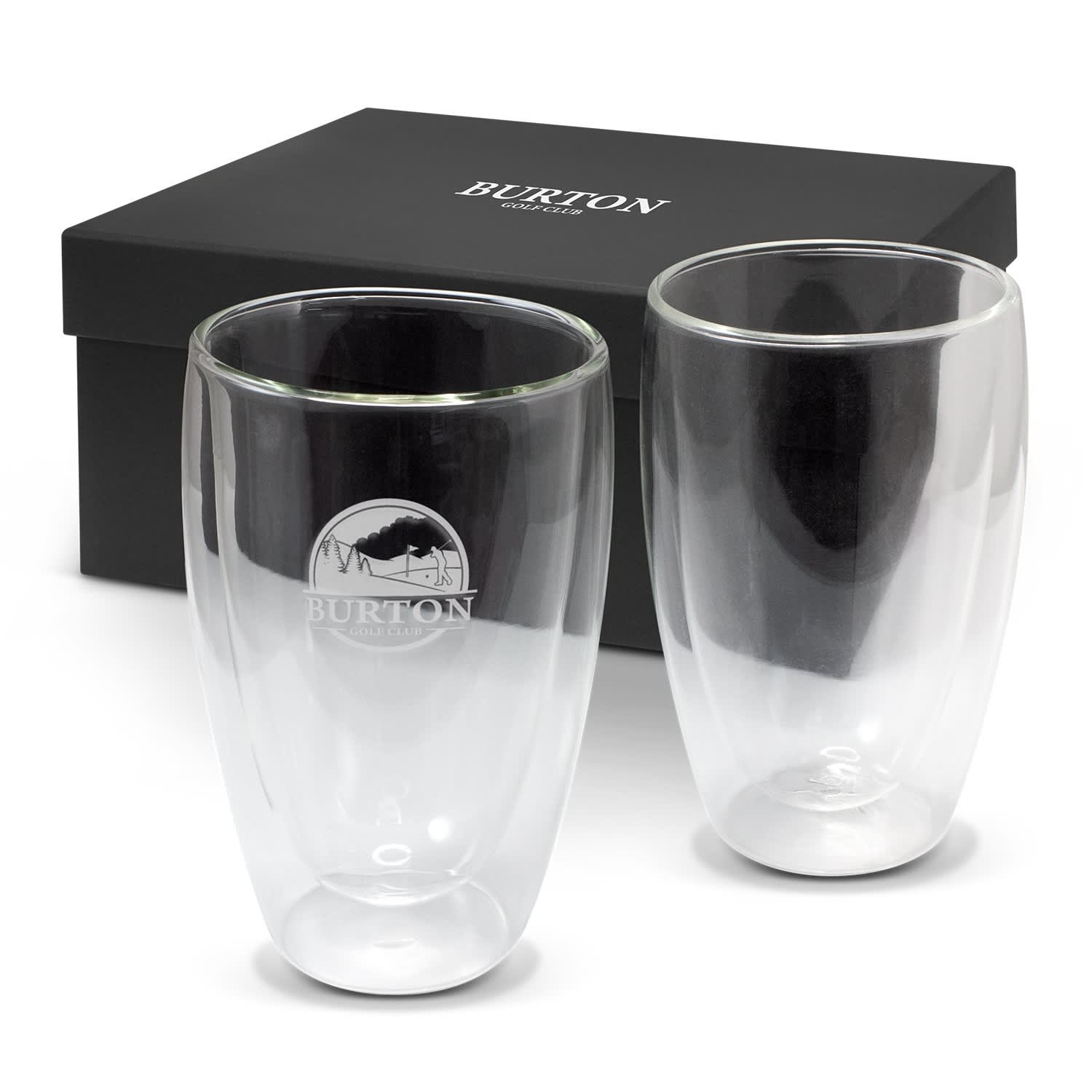 Double wall glass set of two, clear colour, presented in a black box with a logo. Tivoli Double Wall Glass Set - 410ml - Image 1