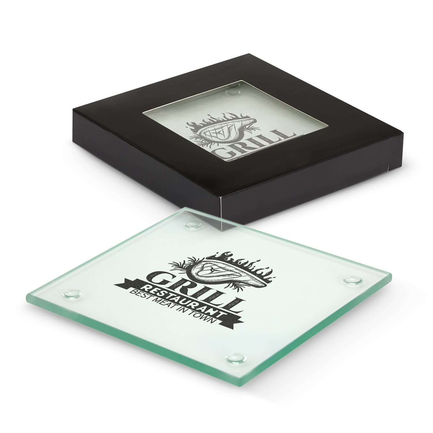 A square glass coaster, clear with a black base and branding, displayed in a black box. Venice Glass Coaster - Set of 2 - Square - Image 1