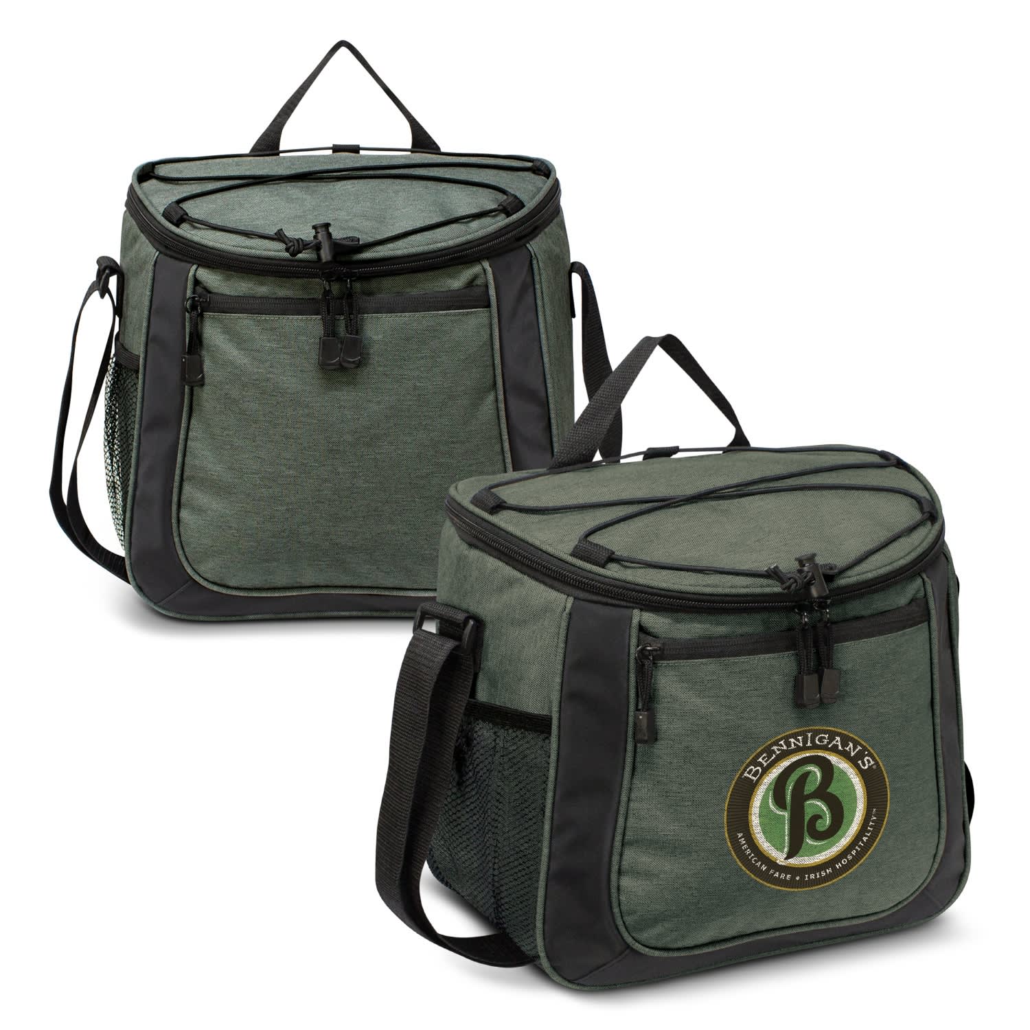 A green cooler bag with a zippered top, featuring a logo and a shoulder strap. It includes side mesh pockets. Aspiring Cooler Bag - Elite - Image 1