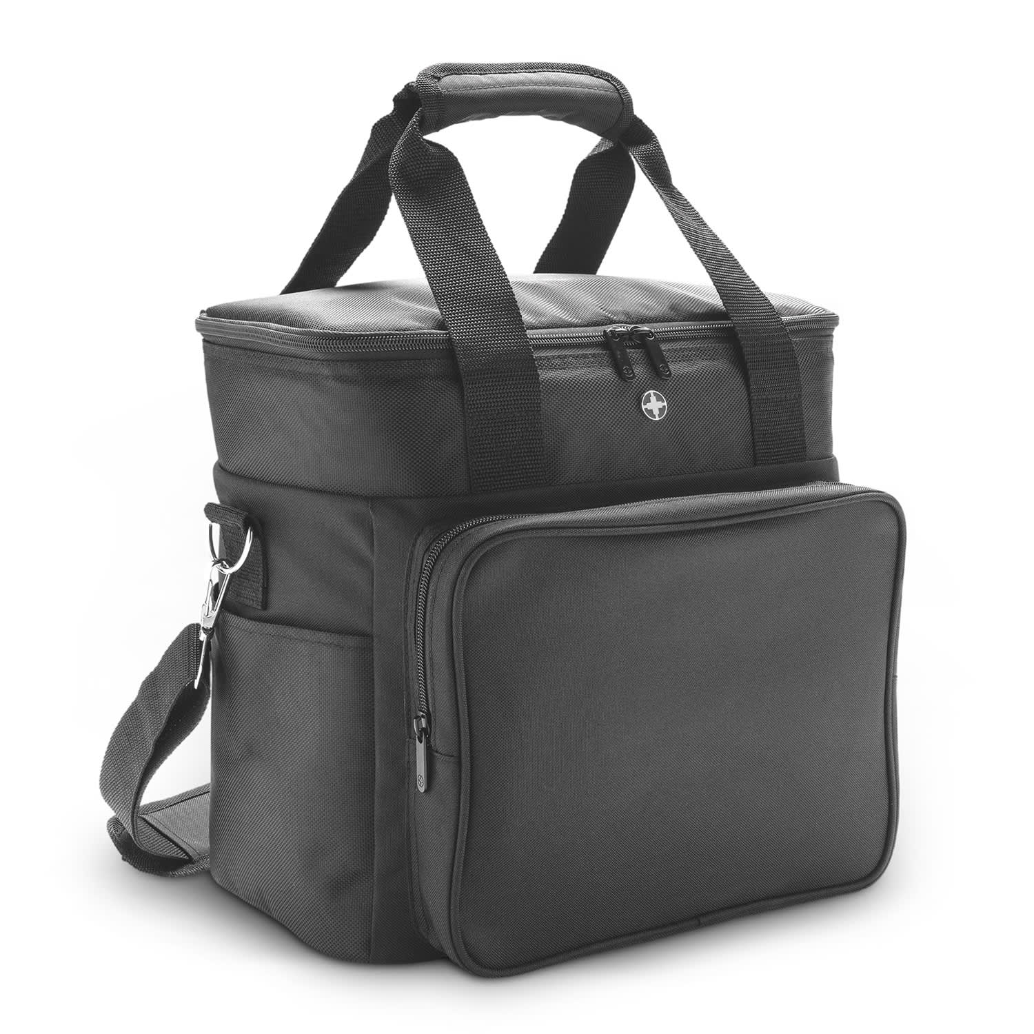 A black cooler bag featuring a zippered front pocket and sturdy handles, with an adjustable shoulder strap. Swiss Peak Cooler Bag - Image 1
