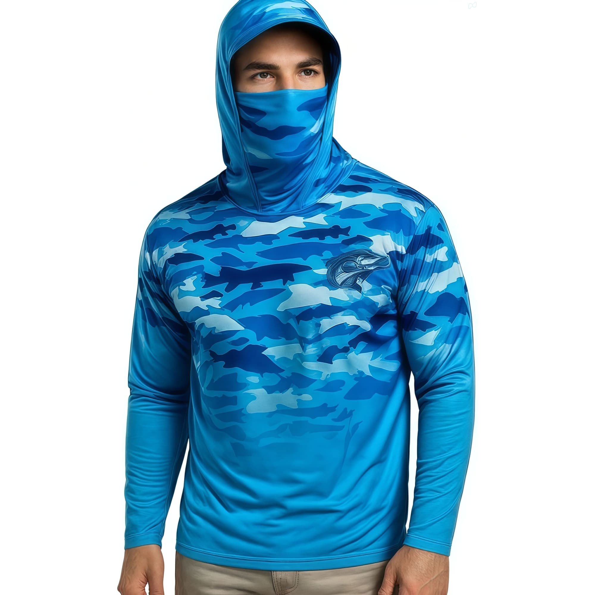 A blue camouflage fishing hoodie with a hood and face covering, featuring a logo on one side. Men's Polyester Spandex Sublimated Sun Protection Fishing Hoodie - Image 1