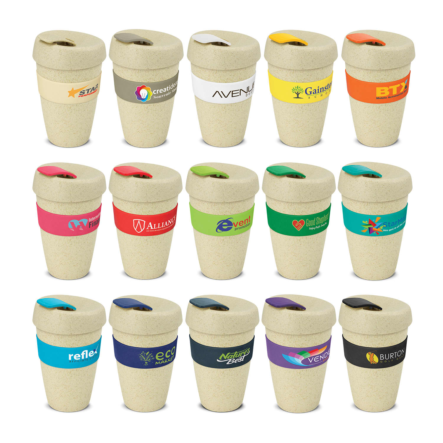 A drink bottle collection featuring natural colour cups with various coloured bands and logos, holding 480ml. Express Cup - Natural 480ml - Image 1