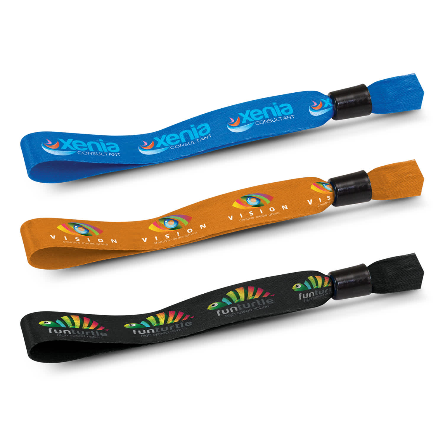 Three event wristbands in blue, orange, and black, featuring a logo and colourful graphic designs. Event Wrist Band - Image 1