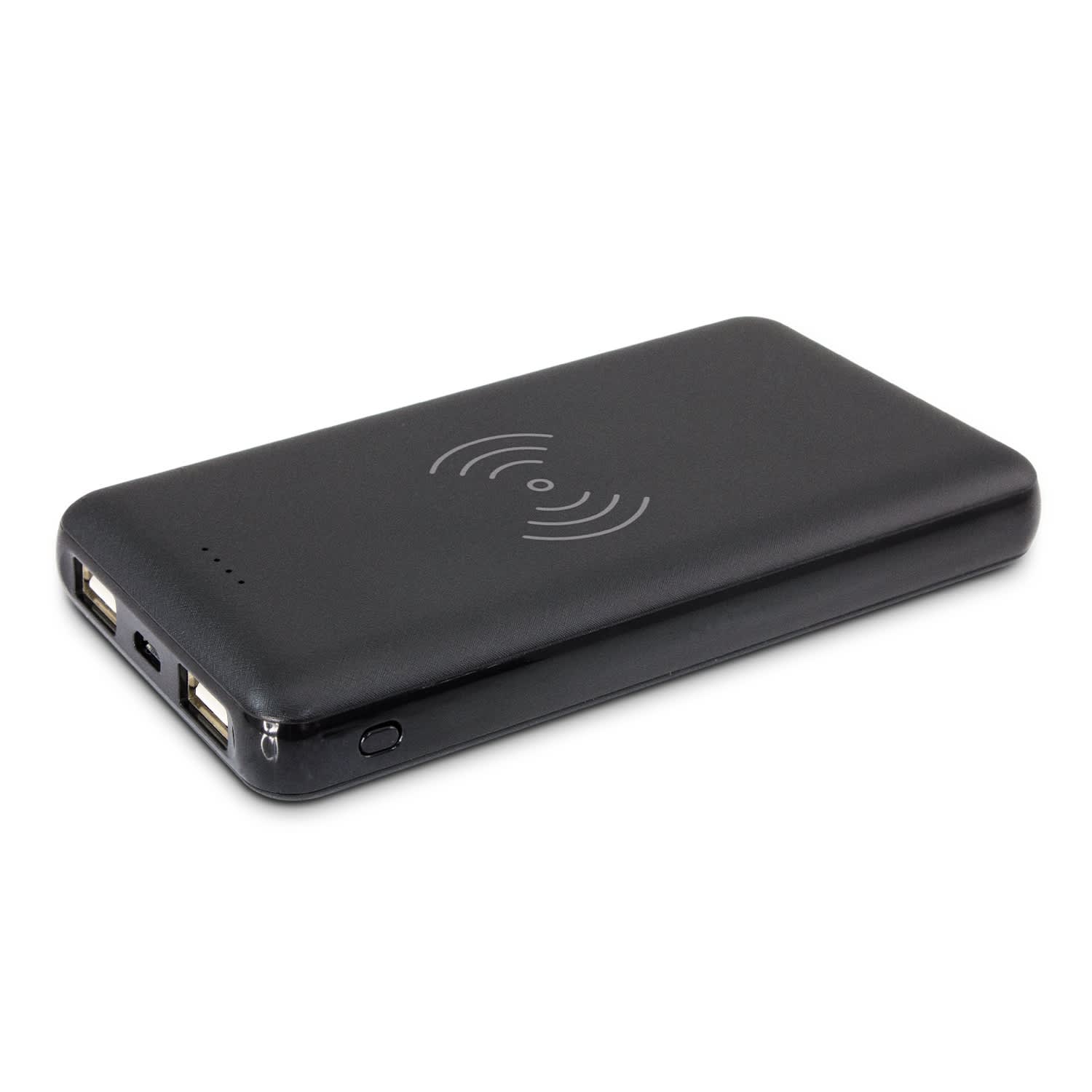A black wireless charging power bank with two USB ports and a logo on the surface. Odyssey Wireless Charging Power Bank - Image 1