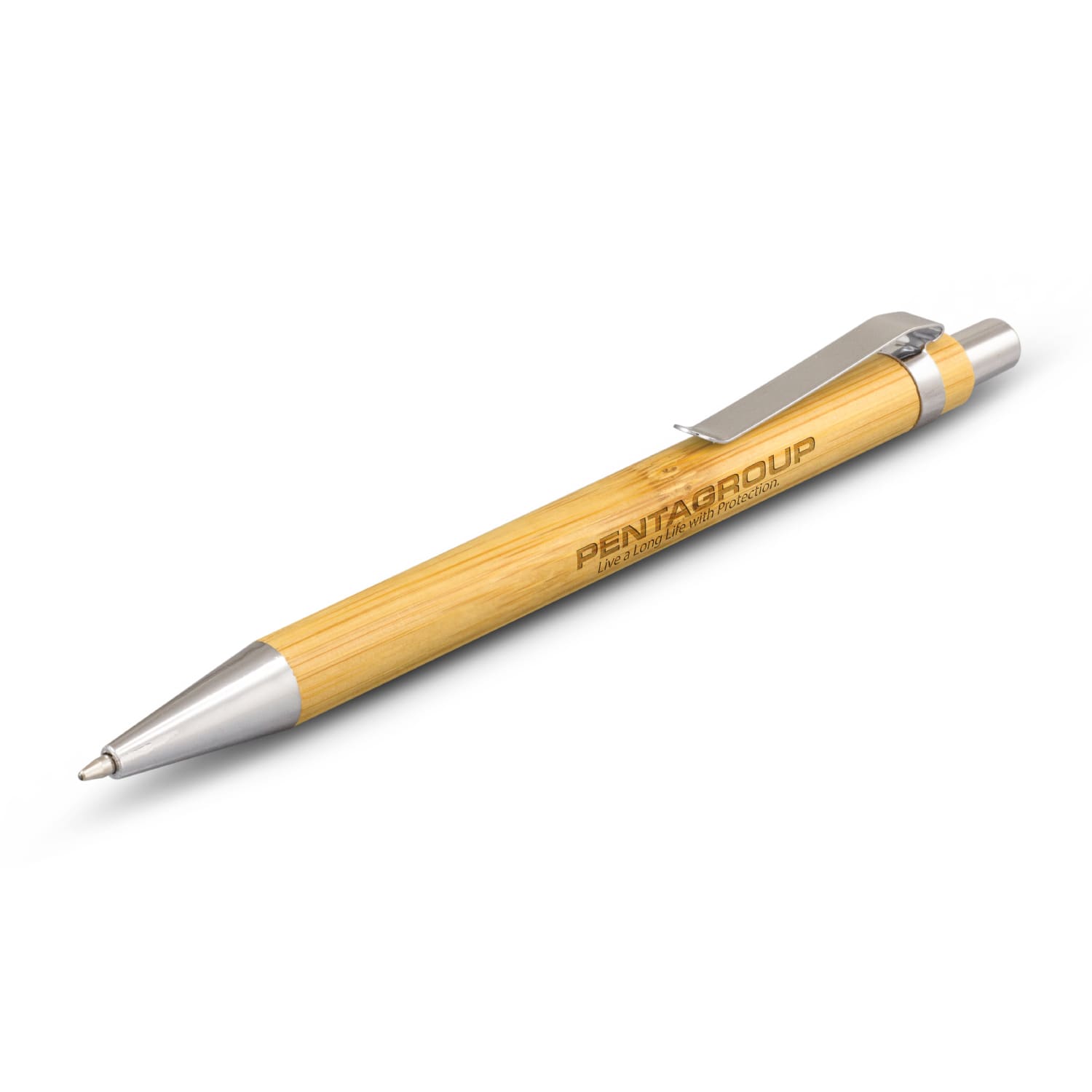 A bamboo pen with a silver metal tip and clip, featuring a logo on the barrel. Ancona Bamboo Pen - Image 1