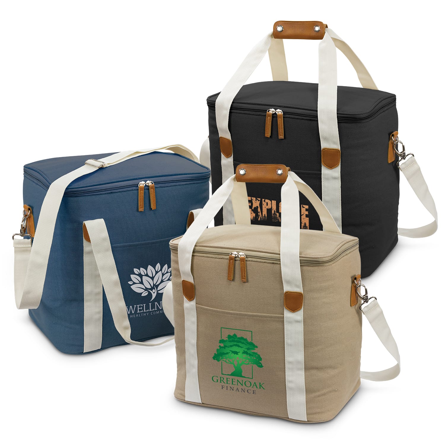 Three canvas cooler bags in navy blue, black, and beige, each with shoulder straps and branding. Canvas Cooler Bag - Image 1