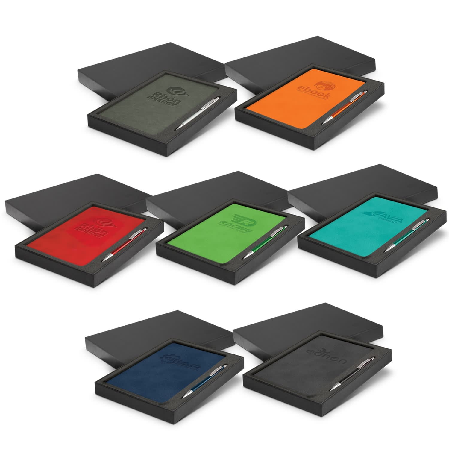 A notebook and pen gift set in various vibrant colours, displayed in black presentation boxes. Each set has a branding logo. Demio Notebook and Pen Gift Set - Image 1