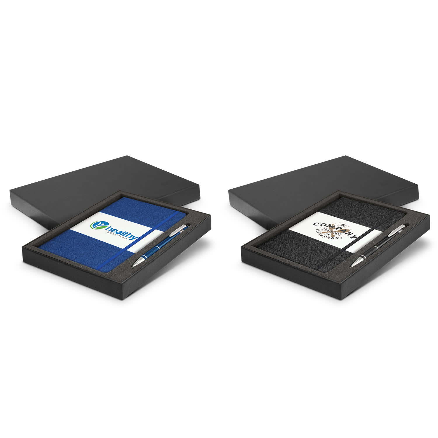 A gift set featuring a blue notebook and a black notebook, each with a pen, presented in a black box. Alexis Notebook and Pen Gift Set - Image 1