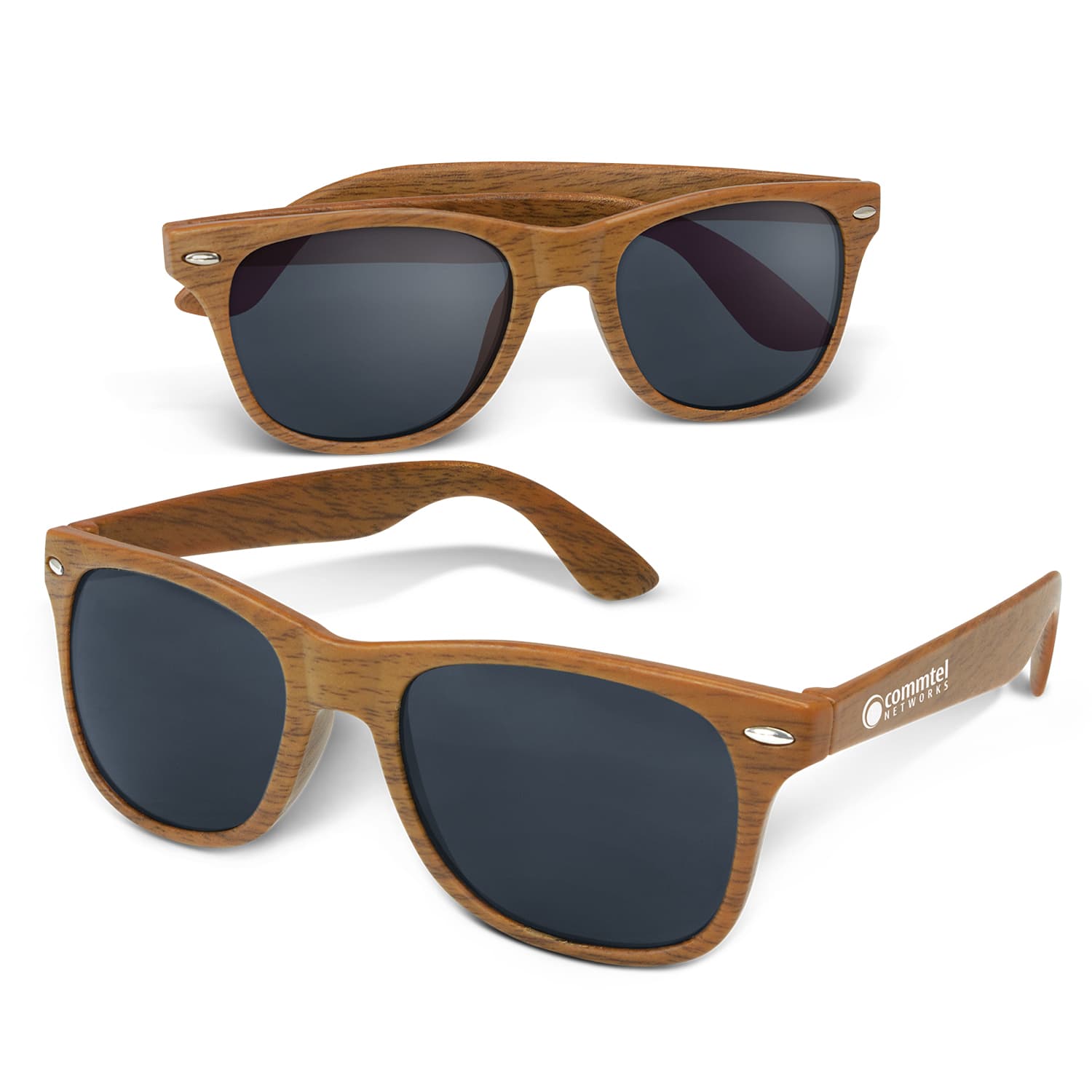 A pair of brown wooden sunglasses with dark lenses and a logo on the arm. Malibu Premium Sunglasses - Heritage - Image 1