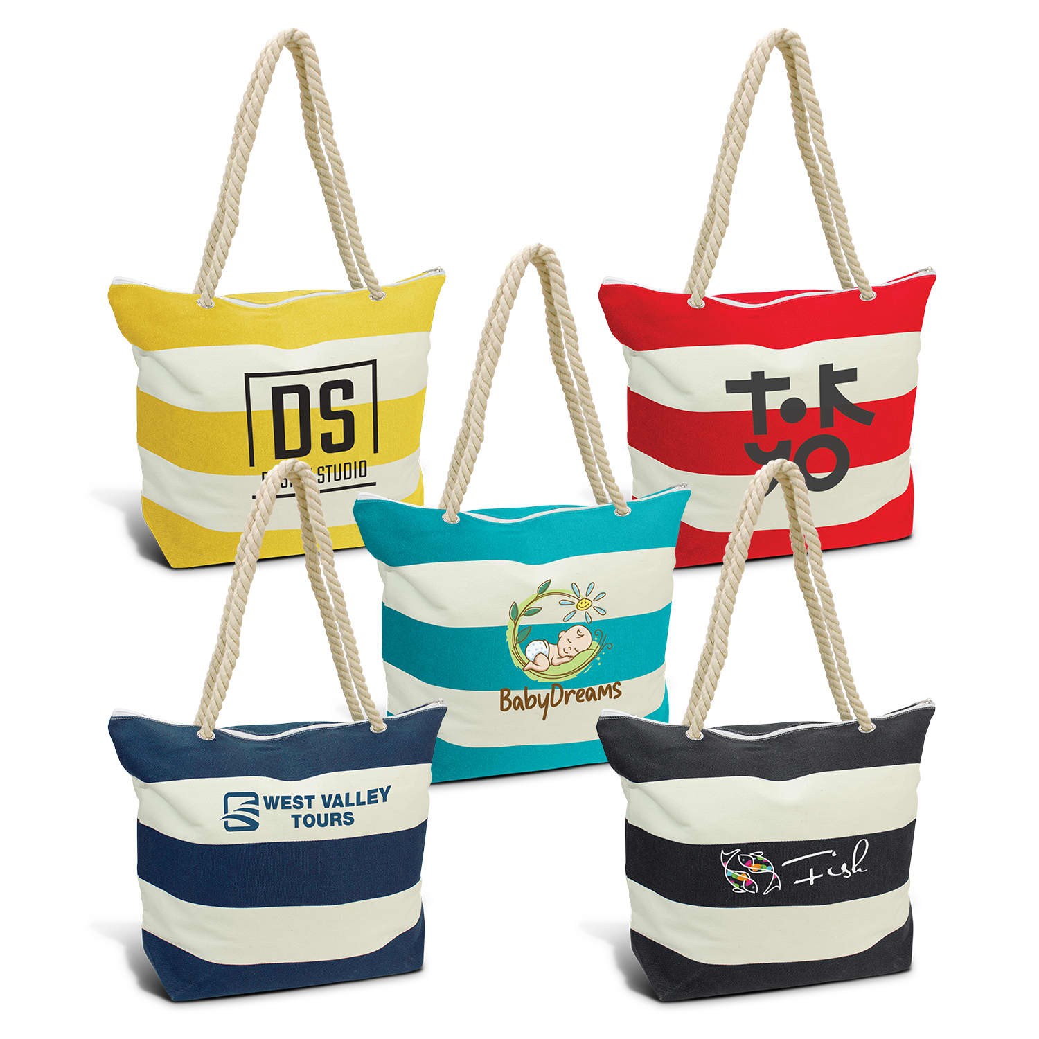 A collection of striped tote bags in yellow, blue, red, and black, each with a unique design and logo. Bali Tote Bag - Image 1