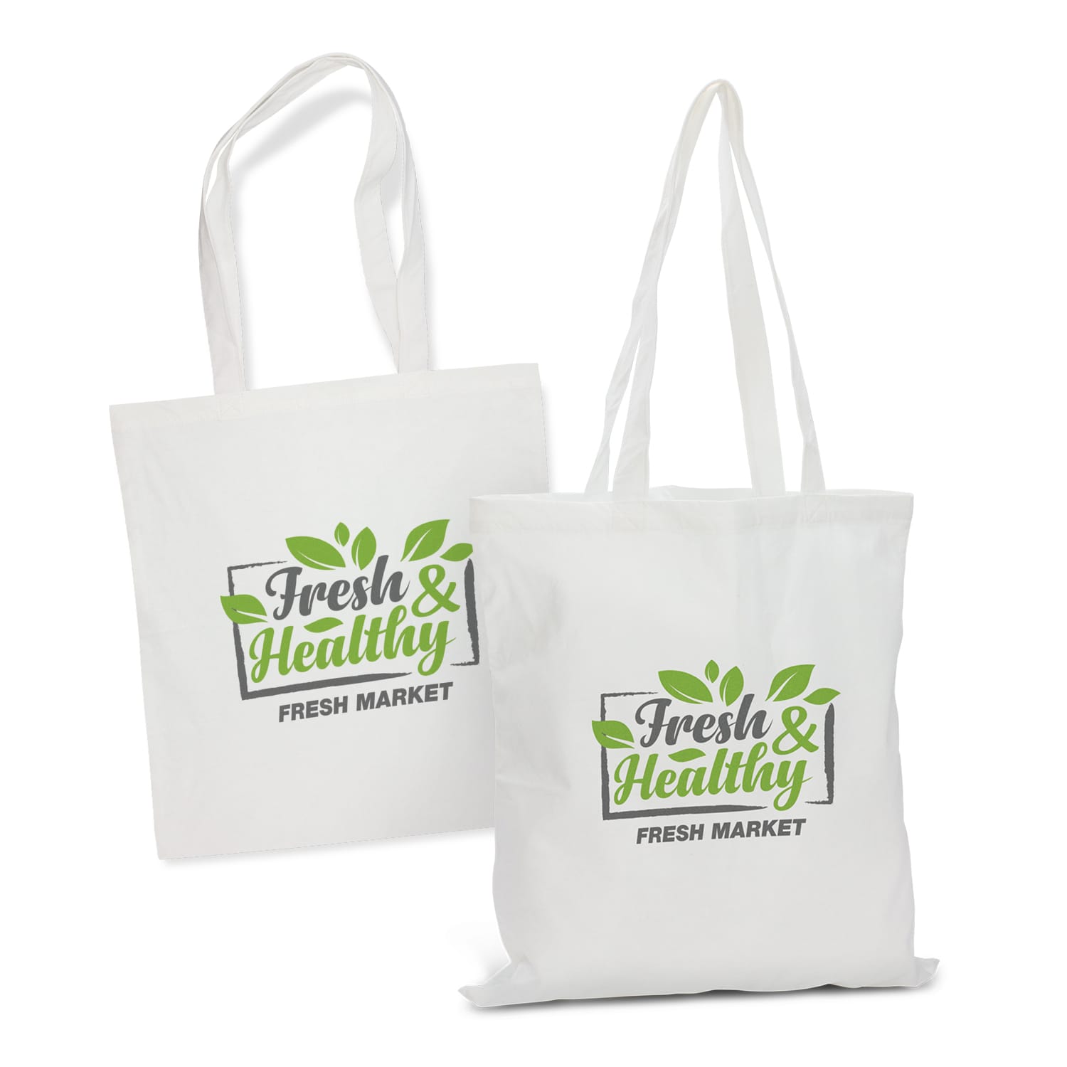 A white tote bag with green leaf designs and a logo. It features two sturdy handles for carrying. Bamboo Tote Bag - Image 1