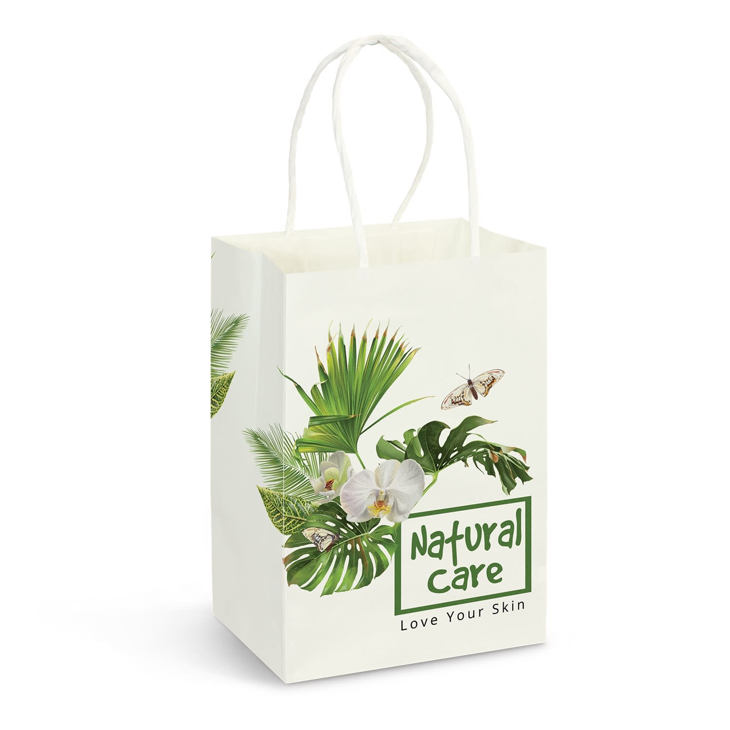 A small white paper carry bag featuring a floral and leaf design, with two handles and a logo. Small Paper Carry Bag - Full Colour - Image 1