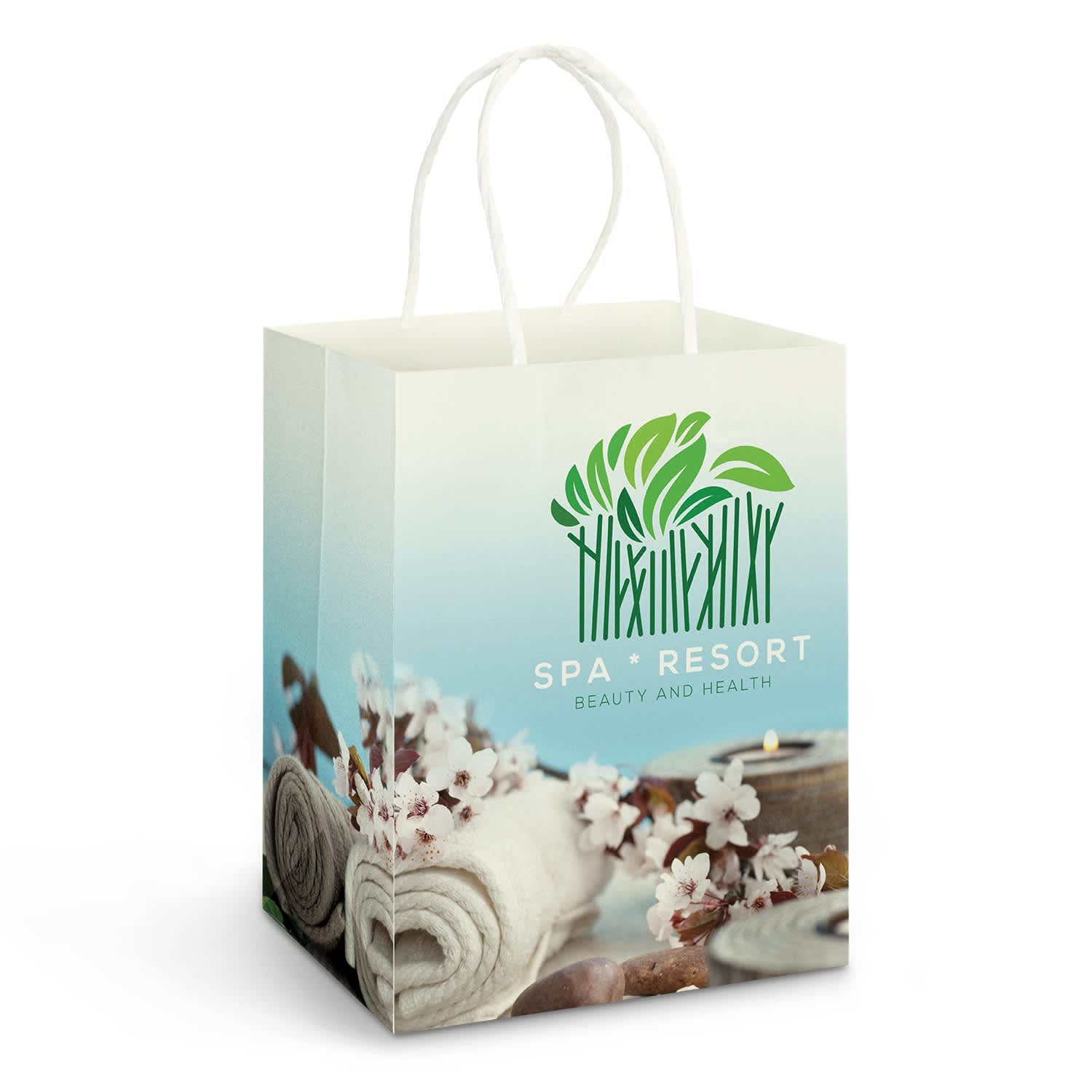 A large, full-colour paper carry bag with a graphic design, featuring a logo and a light green gradient. Large Paper Carry Bag - Full Colour - Image 1
