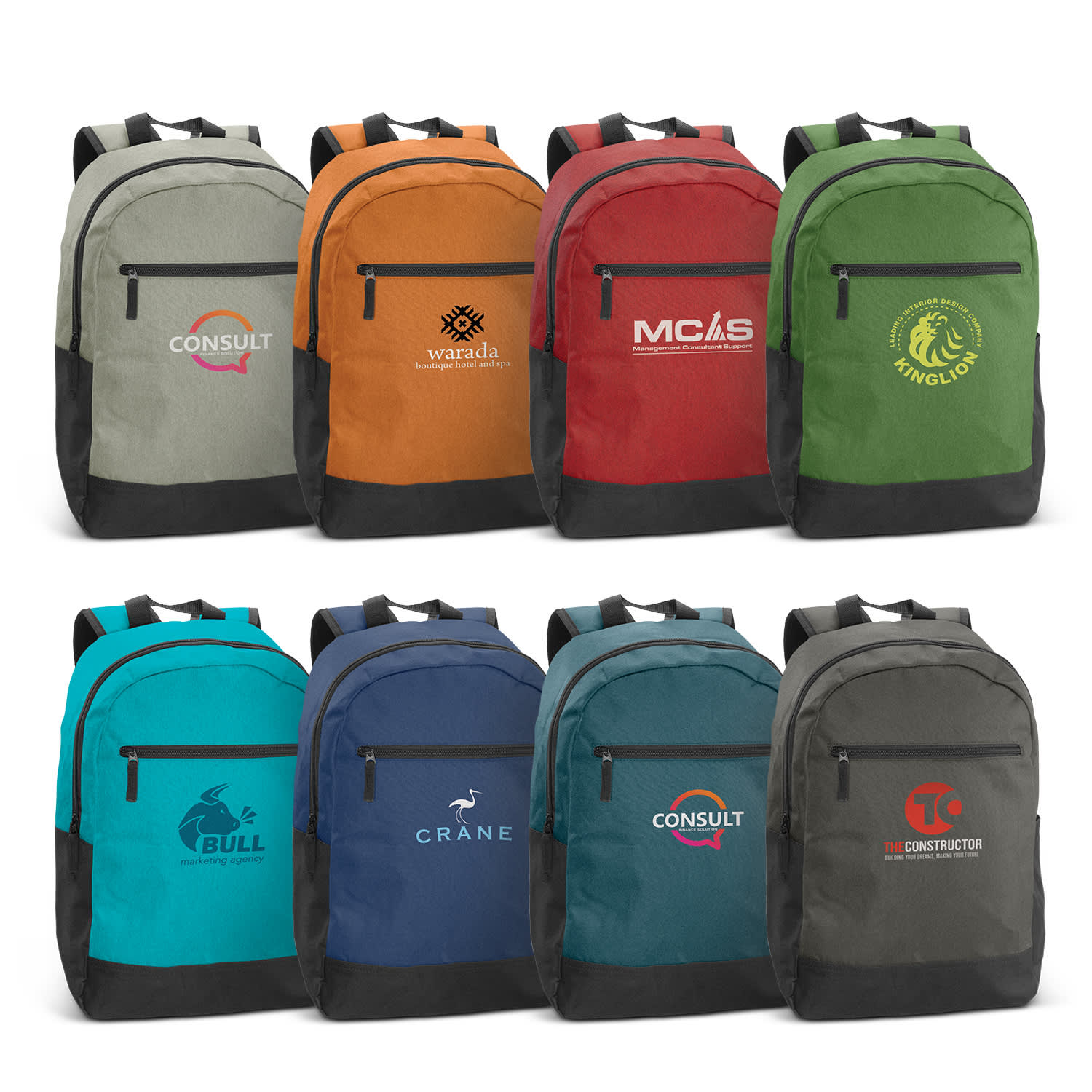 A series of backpacks in various colours including orange, red, green, blue, and black, each featuring a logo. Corolla Backpack - Image 1