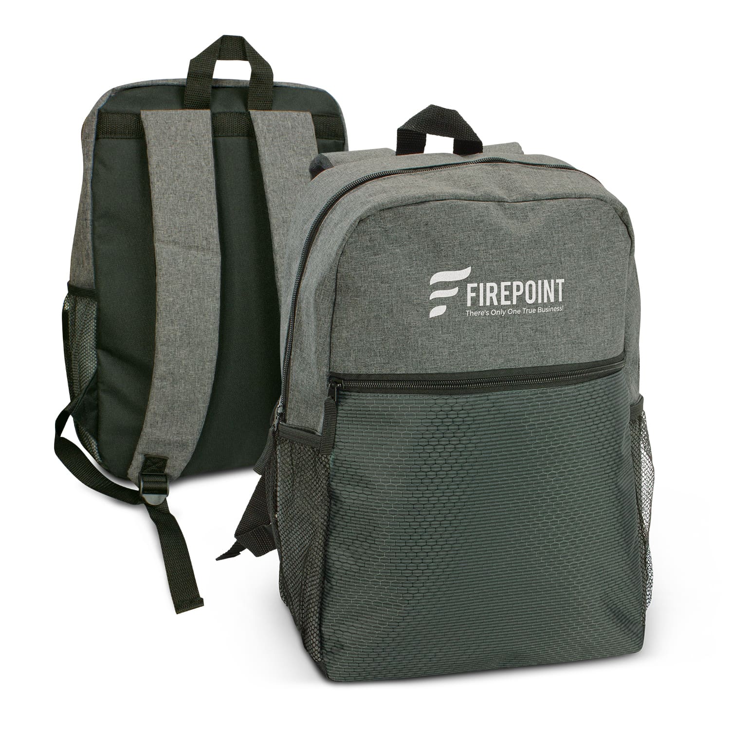 A grey and green backpack with a logo, featuring padded shoulder straps and mesh side pockets. Velocity Backpack - Image 1