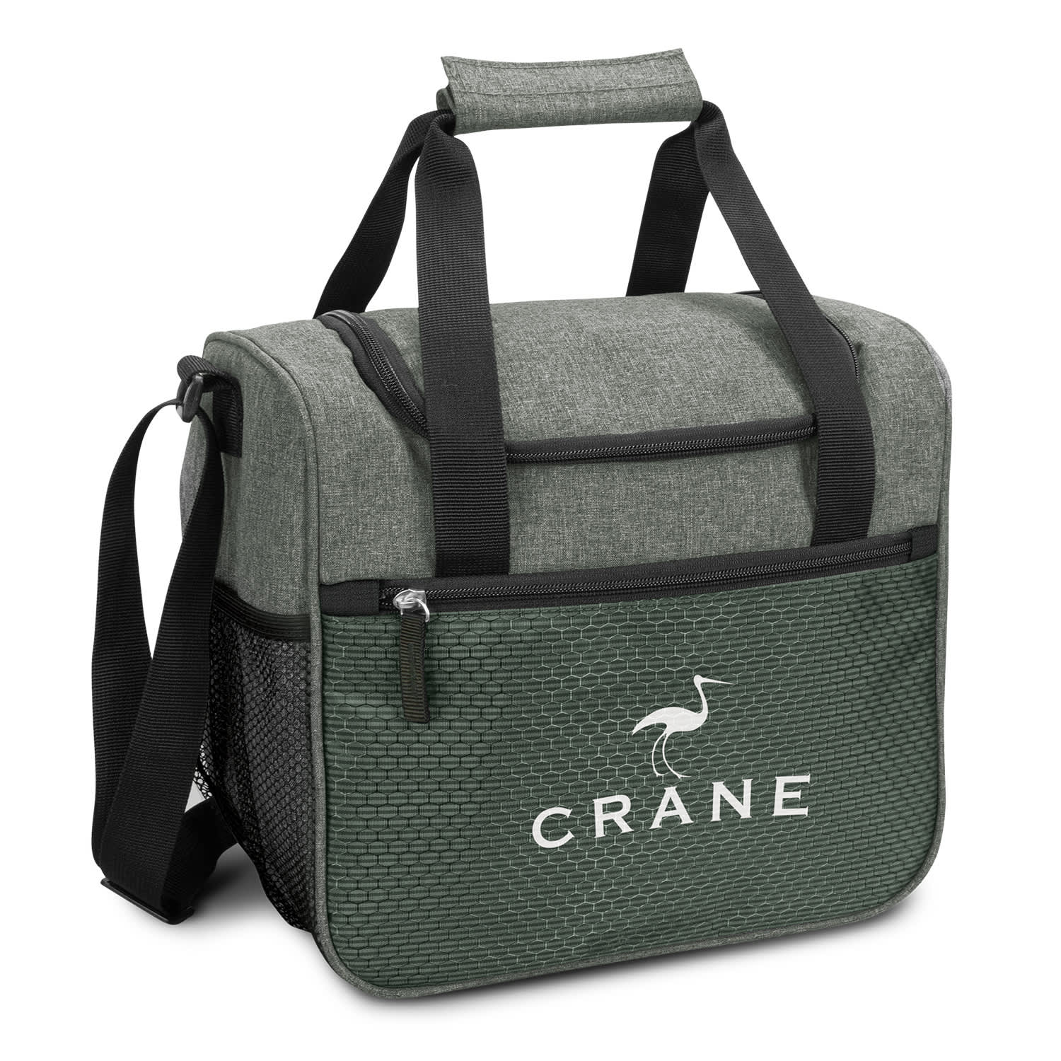 A green cooler bag with a textured exterior, featuring a mesh side pocket and a logo. Velocity Cooler Bag - Image 1