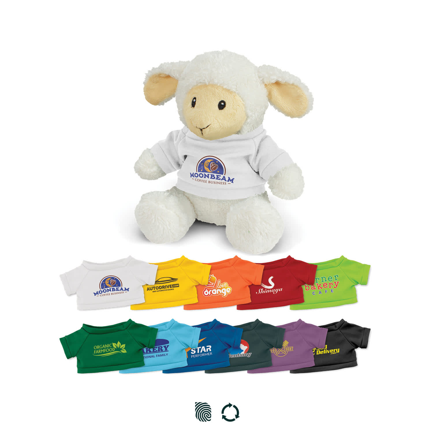 A plush sheep toy wearing a white shirt, surrounded by various coloured t-shirt designs in different hues. Lamb Plush Toy - Image 1