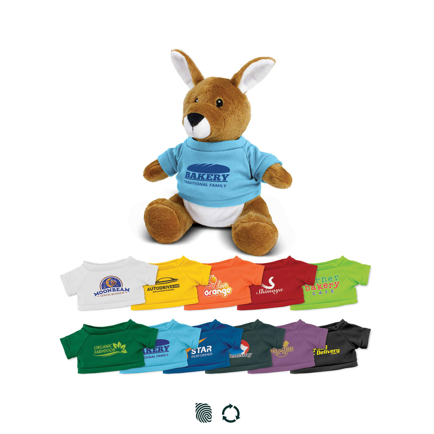 A plush kangaroo toy with a blue T-shirt, surrounded by various colourful miniature T-shirts in different hues. Kangaroo Plush Toy - Image 1