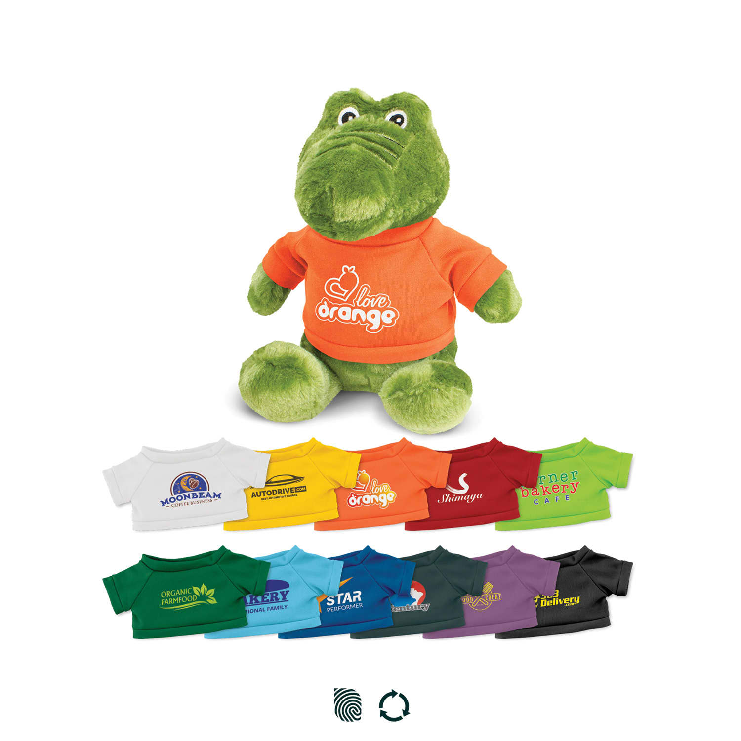 A green crocodile plush toy wearing an orange t-shirt, surrounded by various smaller t-shirts in different colours. Crocodile Plush Toy - Image 1