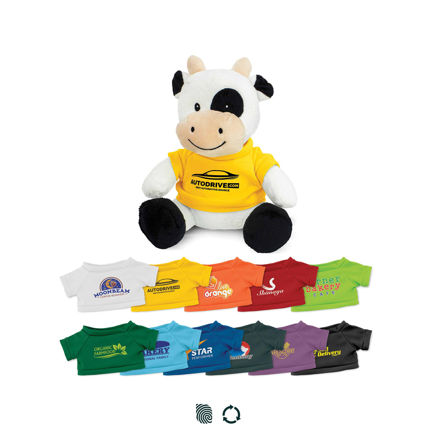 A plush toy cow in a yellow shirt, seated with various colourful shirts displayed below it. The toy features a logo. Cow Plush Toy - Image 1