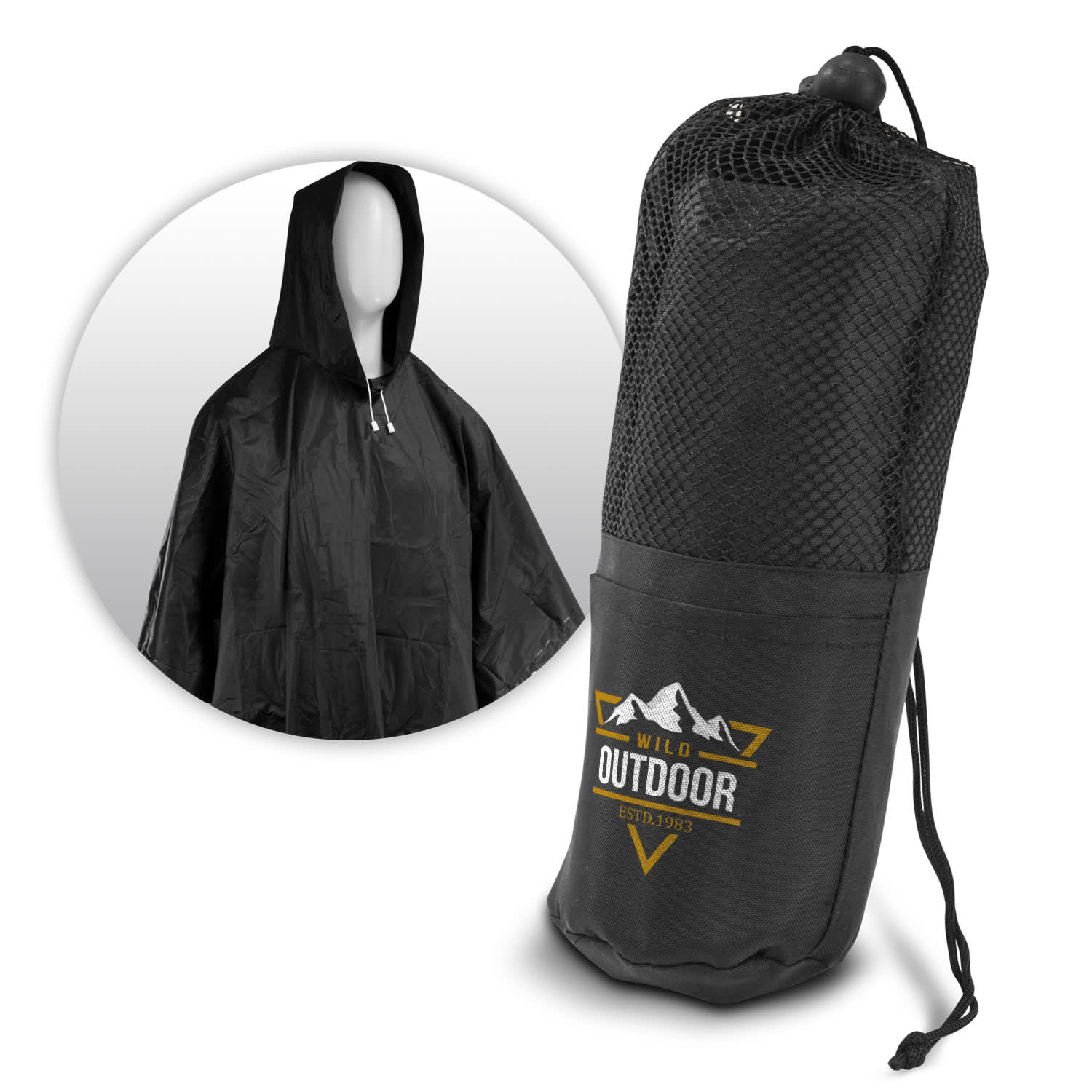 A black rain poncho with a hood, presented in a mesh storage bag featuring a logo. Storm Rain Poncho - Image 1