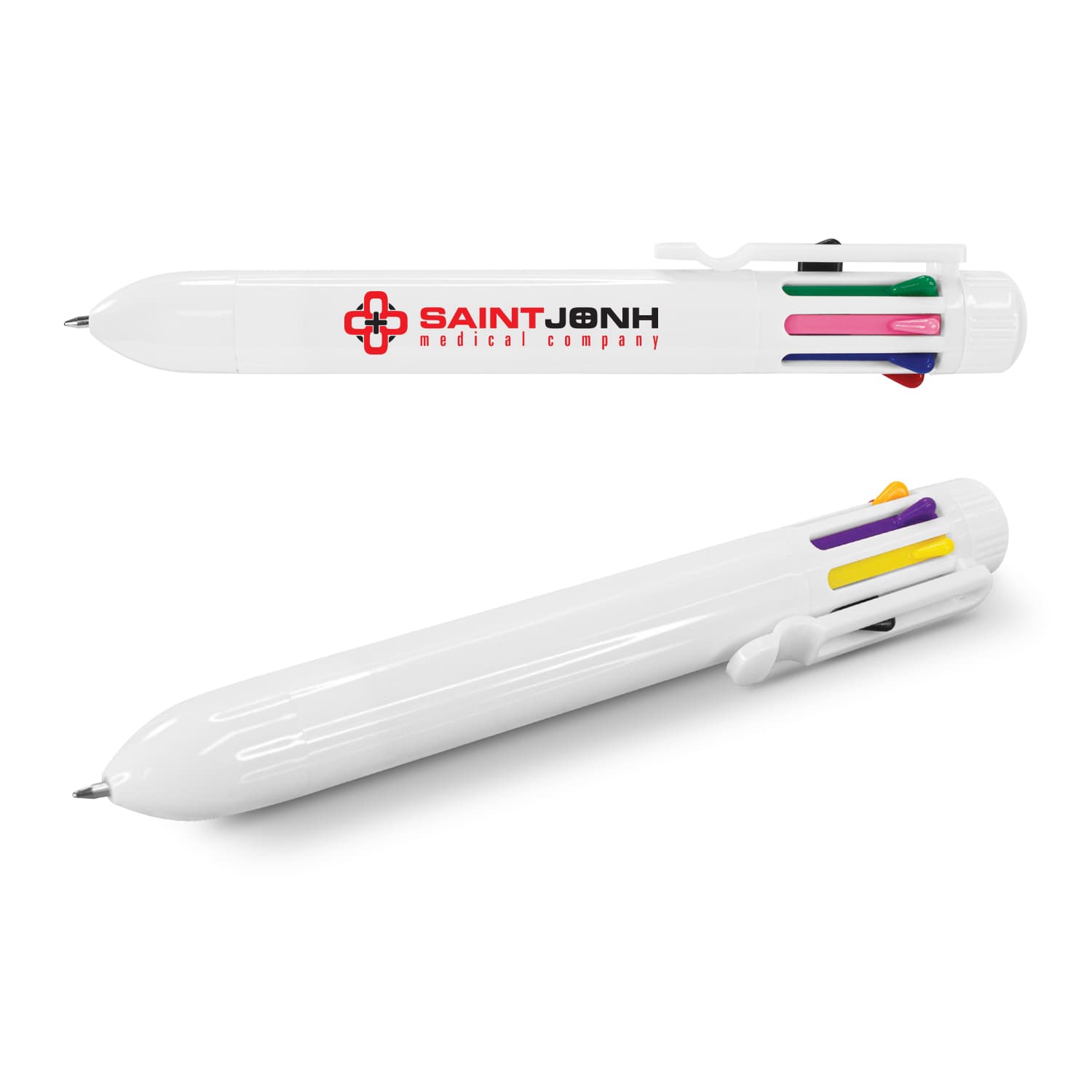 A multi-coloured plastic pen with a white body and a logo. It features several ink colours including pink, green, and yellow. Mega Multi-Pen - Image 1