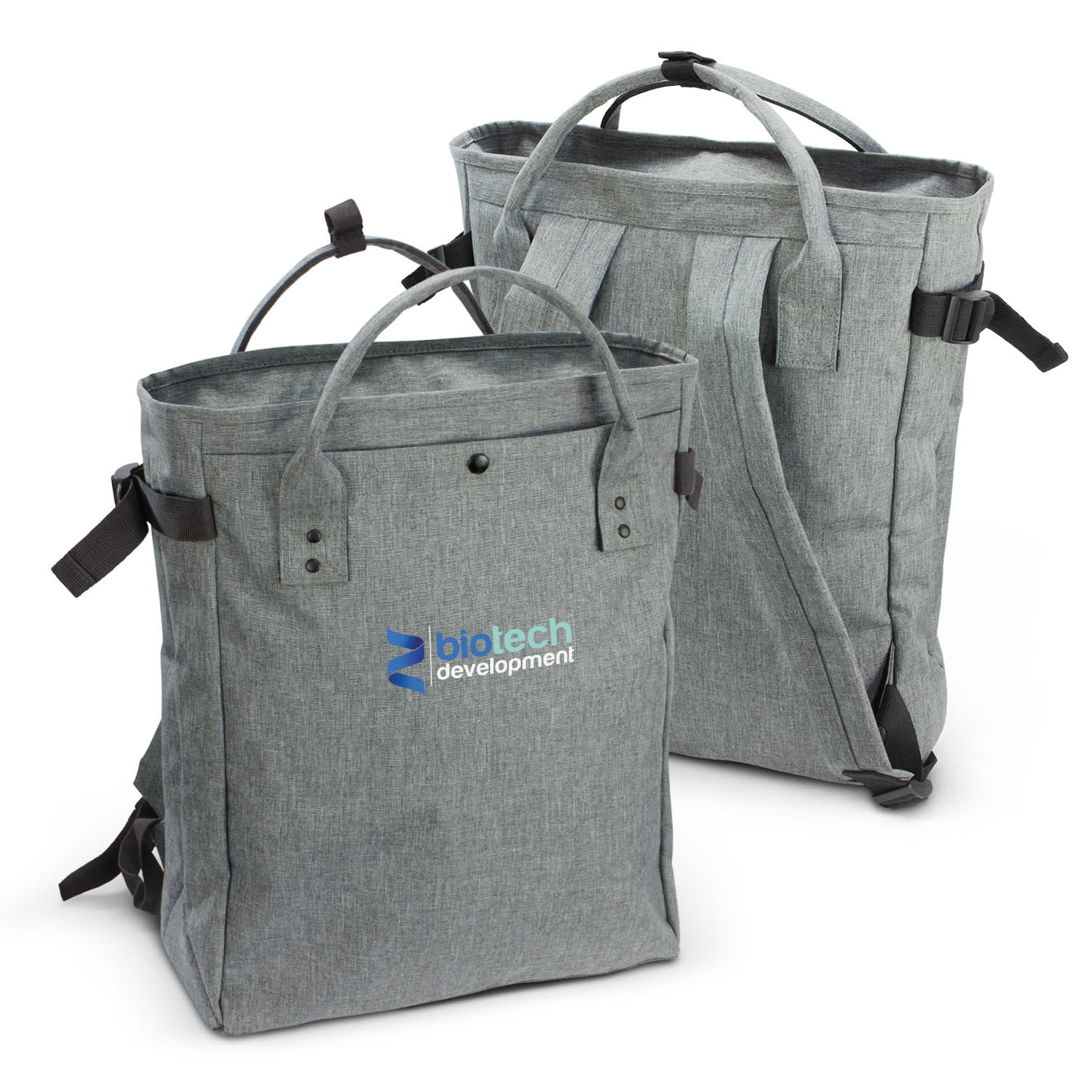 A grey tote backpack with dual handles and adjustable straps. Features a branding logo on the front. Newport Tote Backpack - Image 1