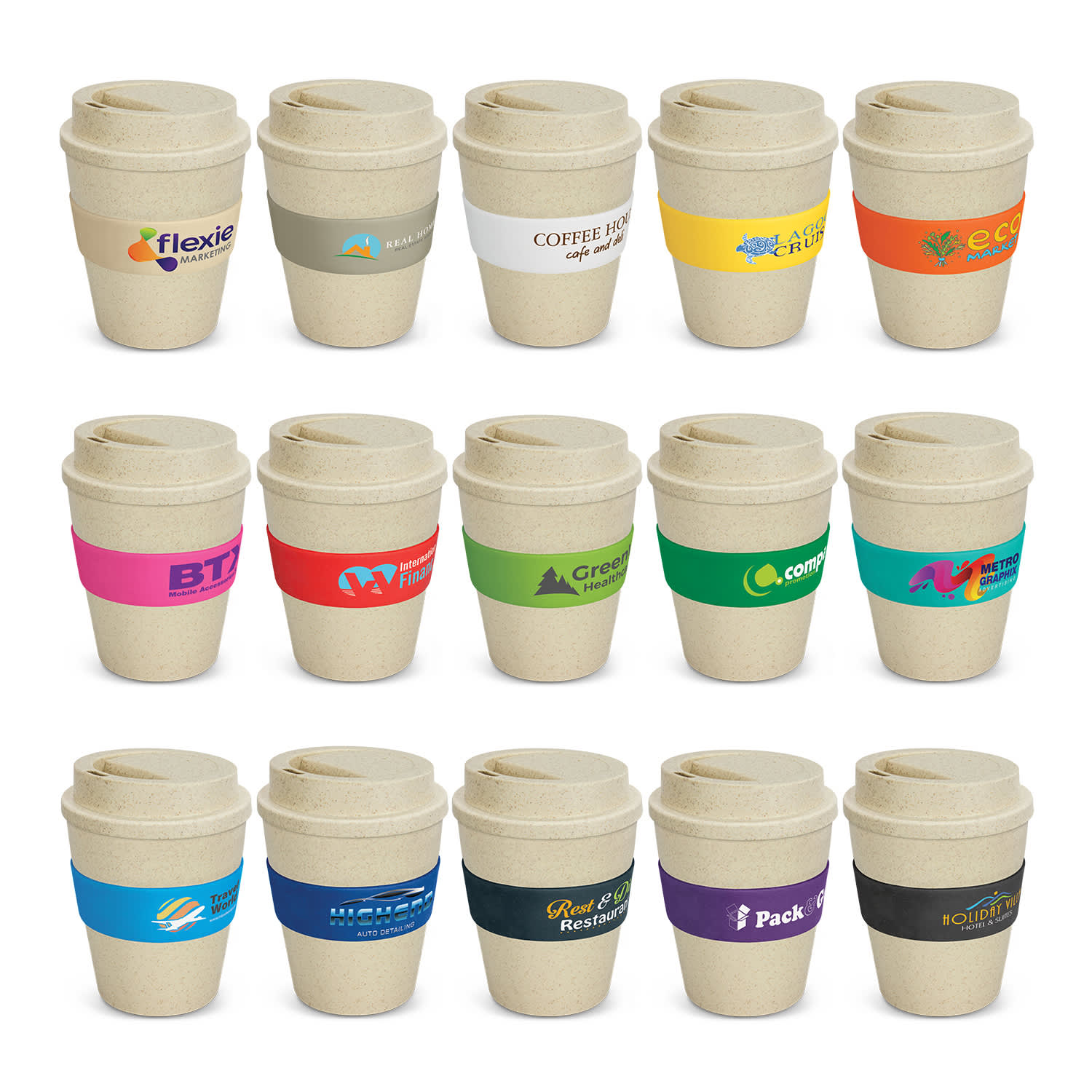 Assorted drink bottles in various colours, featuring branded logos, with a natural finish and a 350ml capacity. Express Cup Classic - Natural 350ml - Image 1