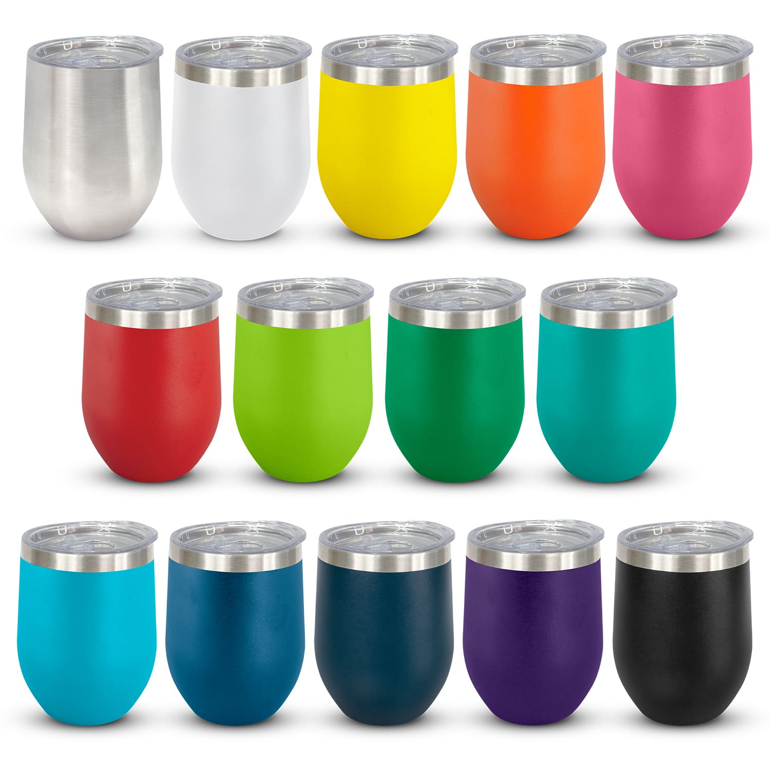 A drink bottle collection featuring various colours, including silver, white, yellow, orange, pink, red, green, teal, blue, purple, and black, with a stainless steel lid. Cordia Vacuum Cup - Powder Coated - Image 1