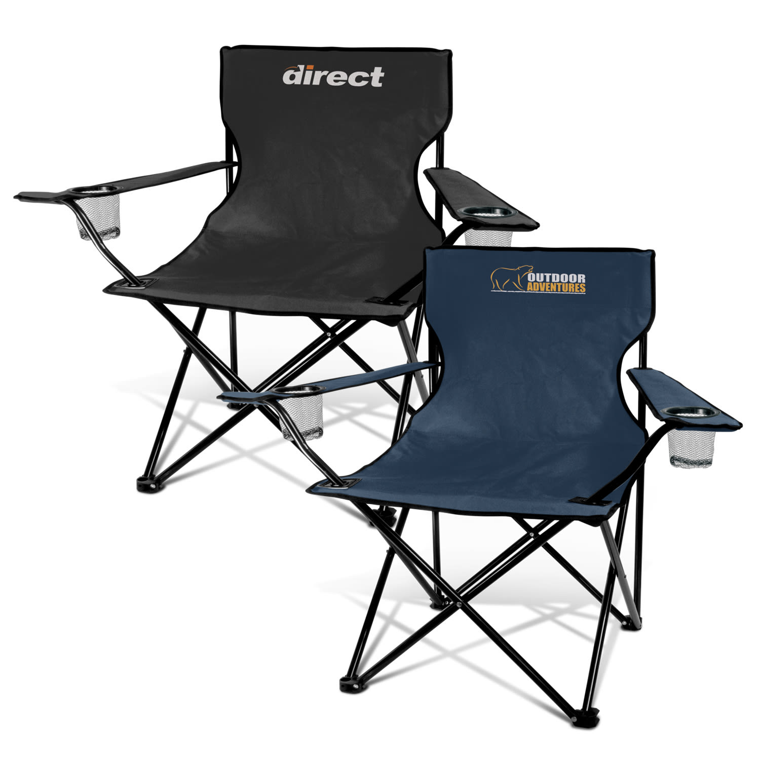 Two folding chairs are displayed: one in black with a logo and another in navy blue with branding. Each features cup holders. Niagara Folding Chair - Image 1