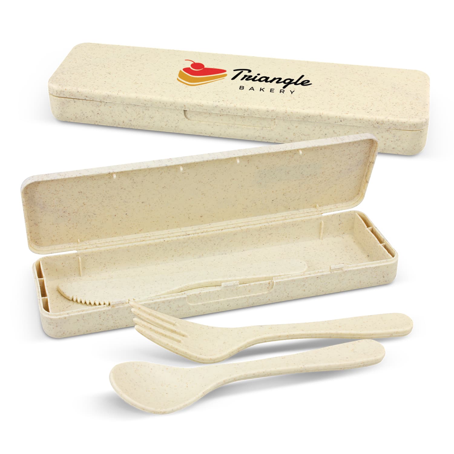 A cutlery set in a beige case, featuring a spoon, fork, and knife. The case has a logo. Choice Cutlery Set - Image 1