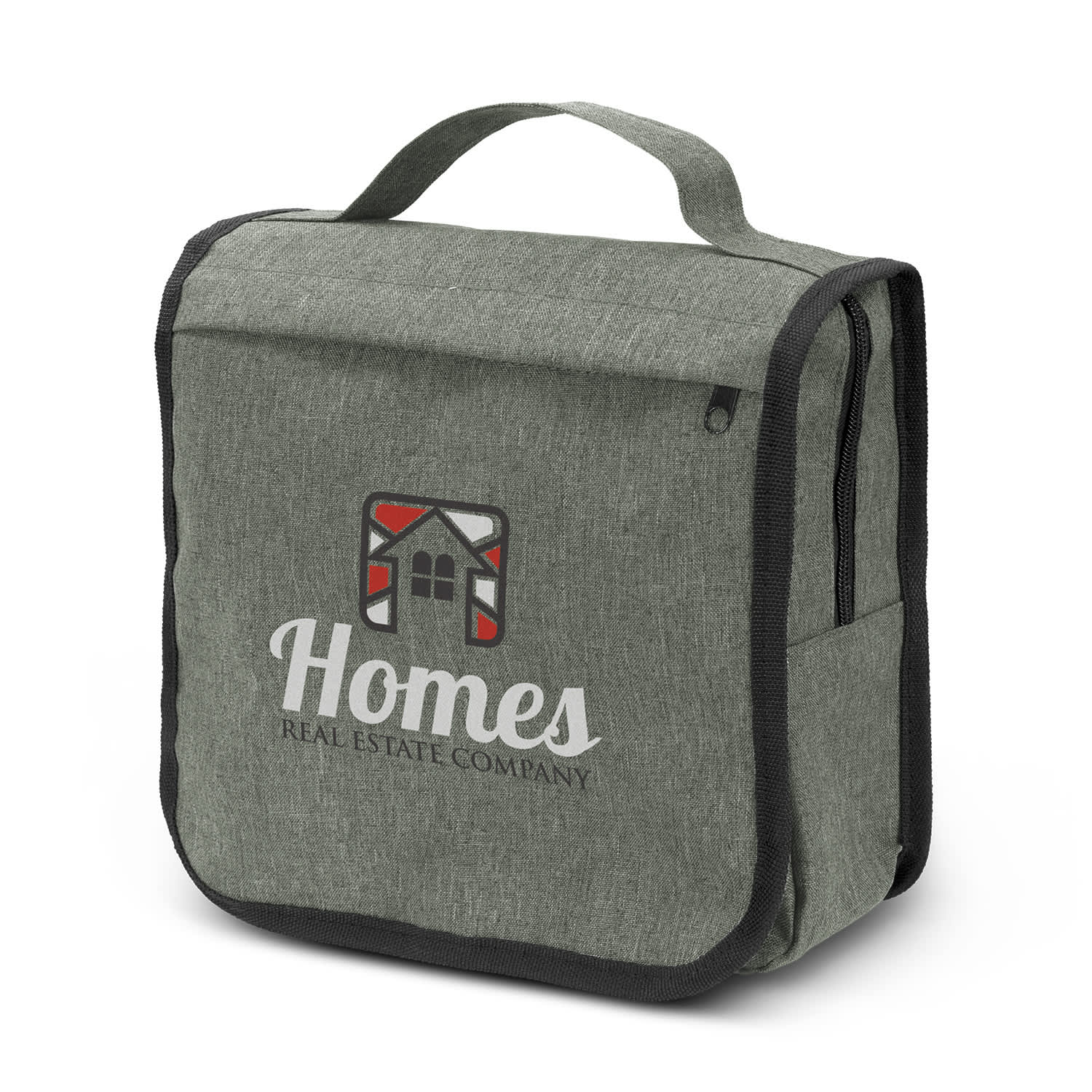 A green toiletry bag with a fold-over flap, featuring a logo on the front and side zippered pockets. Knox Toiletry Bag - Image 1