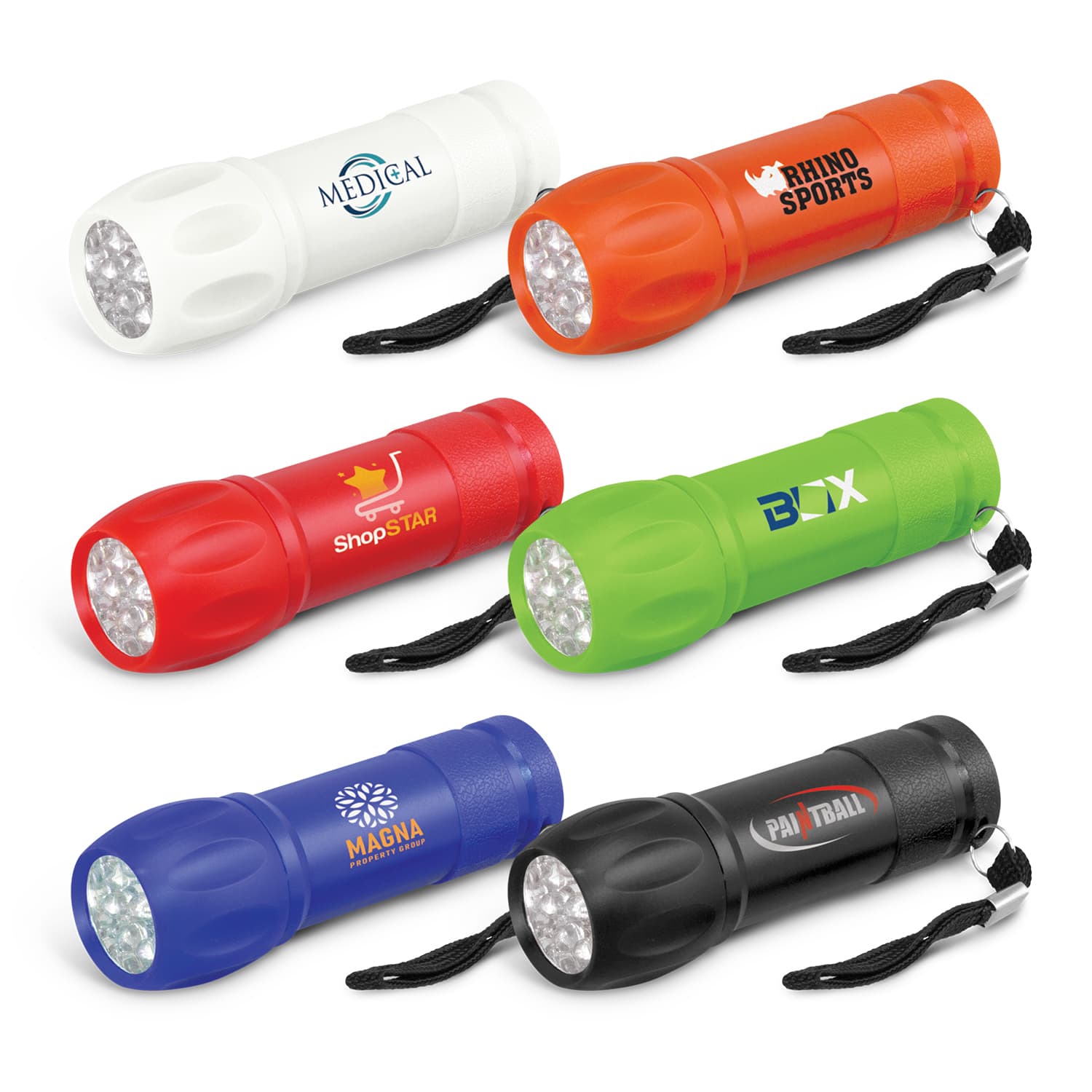 A collection of six torches in white, red, green, blue, and black, featuring various logos and a wrist strap. Navigator Torch - Image 1