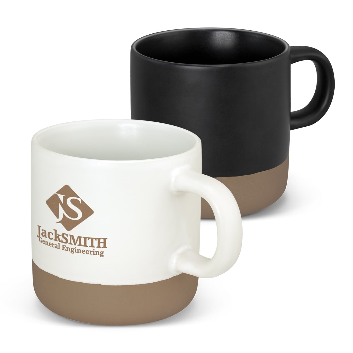 A set of two coffee mugs featuring a white mug with a beige base and a black mug with a beige base. Each has a logo. Mason Coffee Mug - Image 1