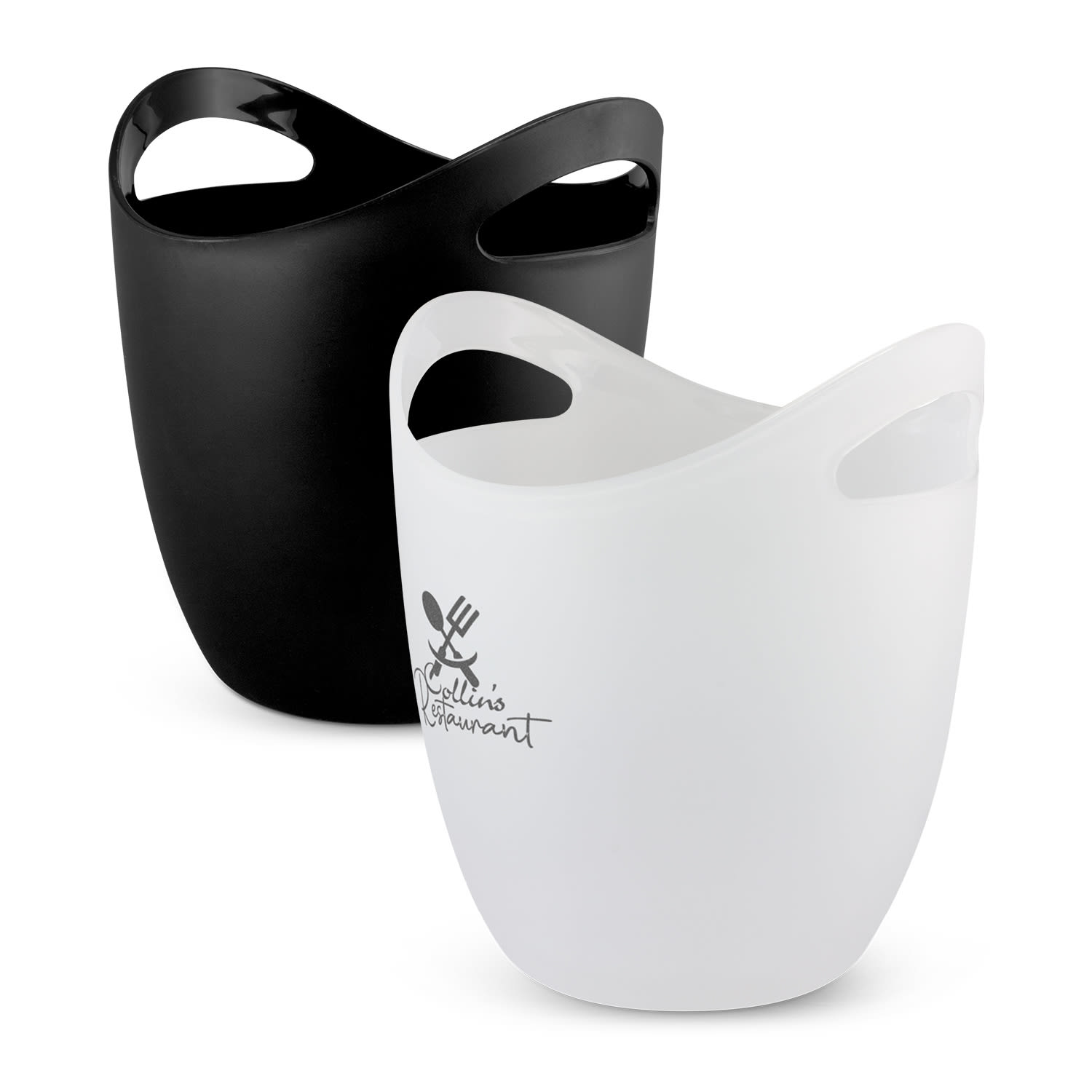 A black and a white ice bucket with handles, featuring a logo on the white bucket. Eureka Ice Bucket - Image 1