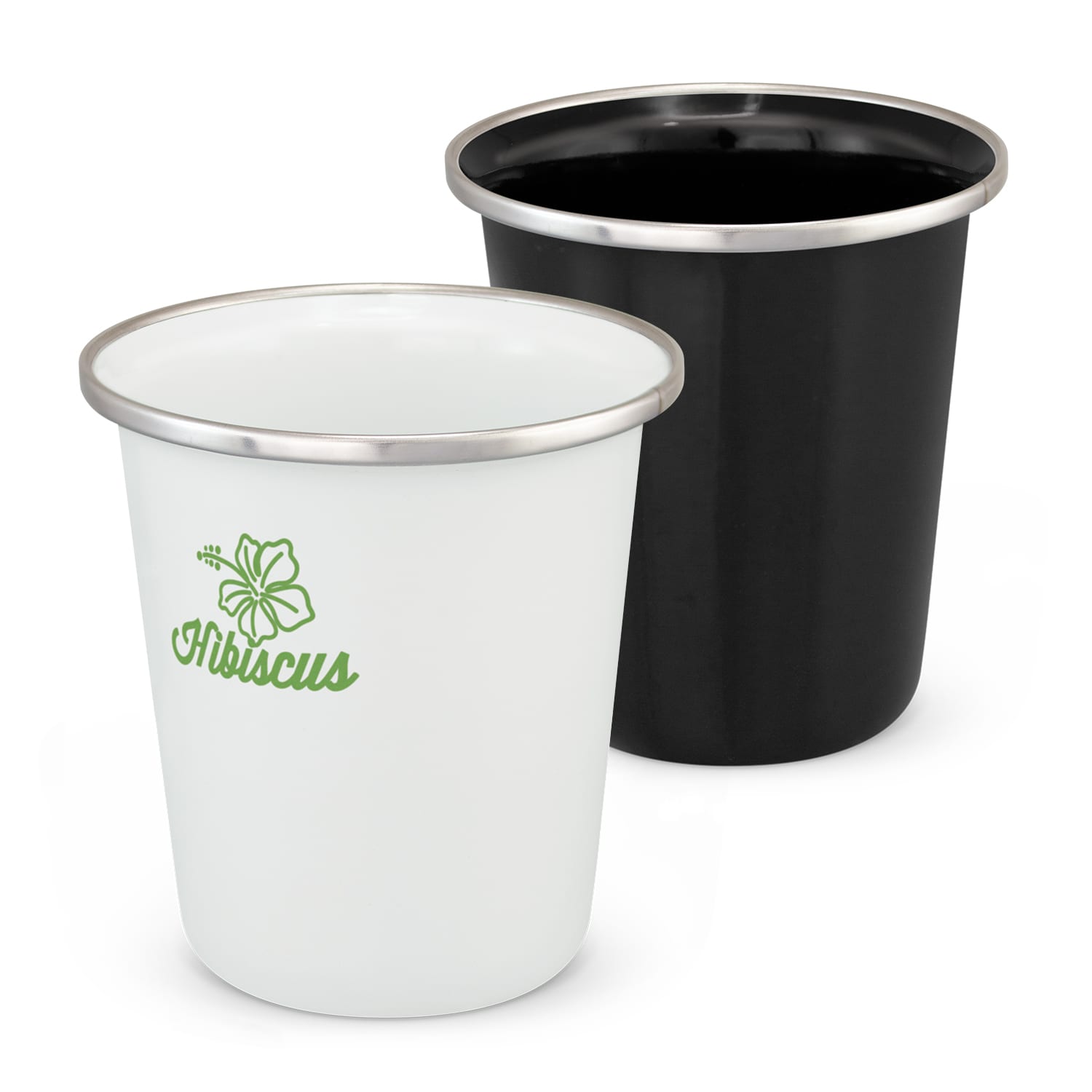 A drink tumbler set featuring a white enamel tumbler with a green logo and a black enamel tumbler with a silver rim. Bendigo Enamel Tumbler - Image 1