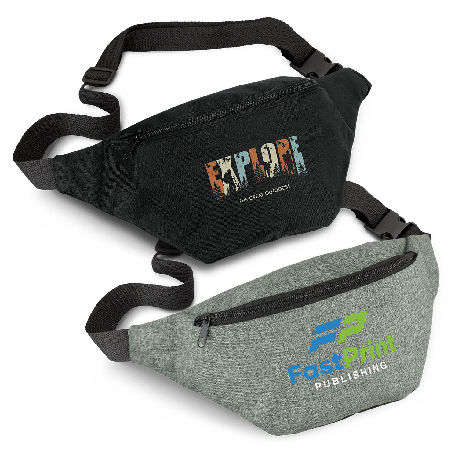 Two Byron Belt Bags in black and grey, featuring zippers and adjustable straps, with logos on the front. Byron Belt Bag - Image 1