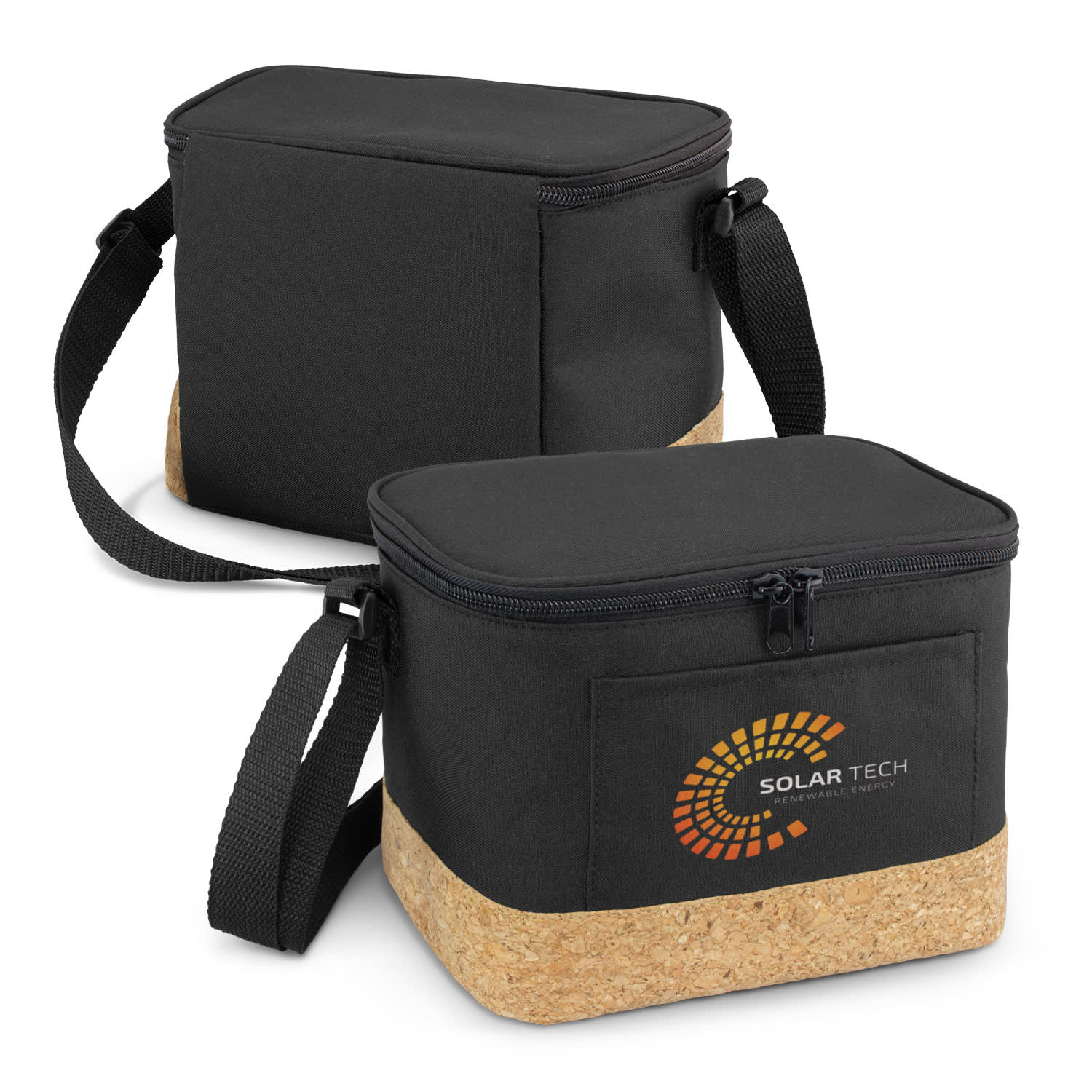 A black cooler bag with a cork base and a shoulder strap, featuring a branding logo on the front. Coast Cooler Bag - Image 1