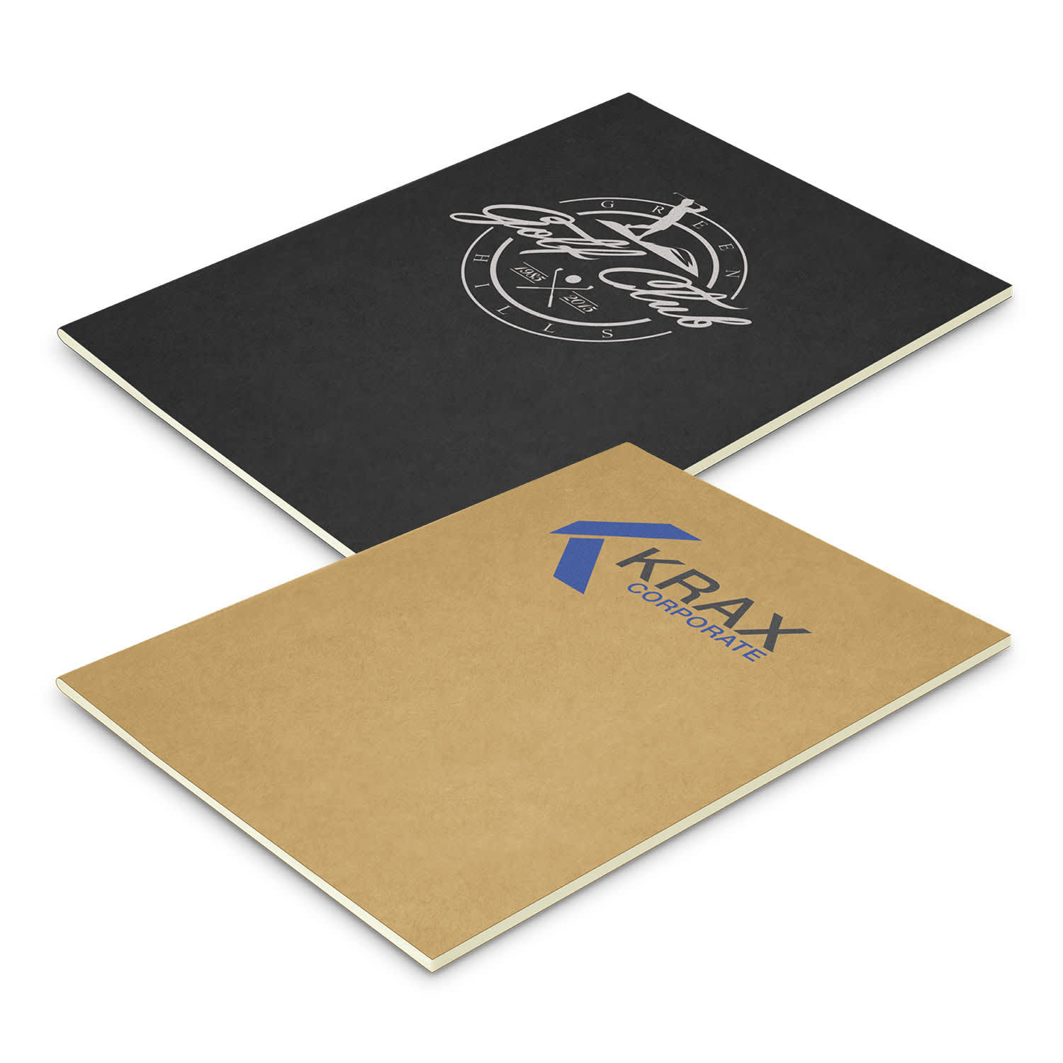 Two notebooks are displayed, one with a black cover featuring a logo and the other with a brown cover and a branding logo. Kora Notebook - Large - Image 1